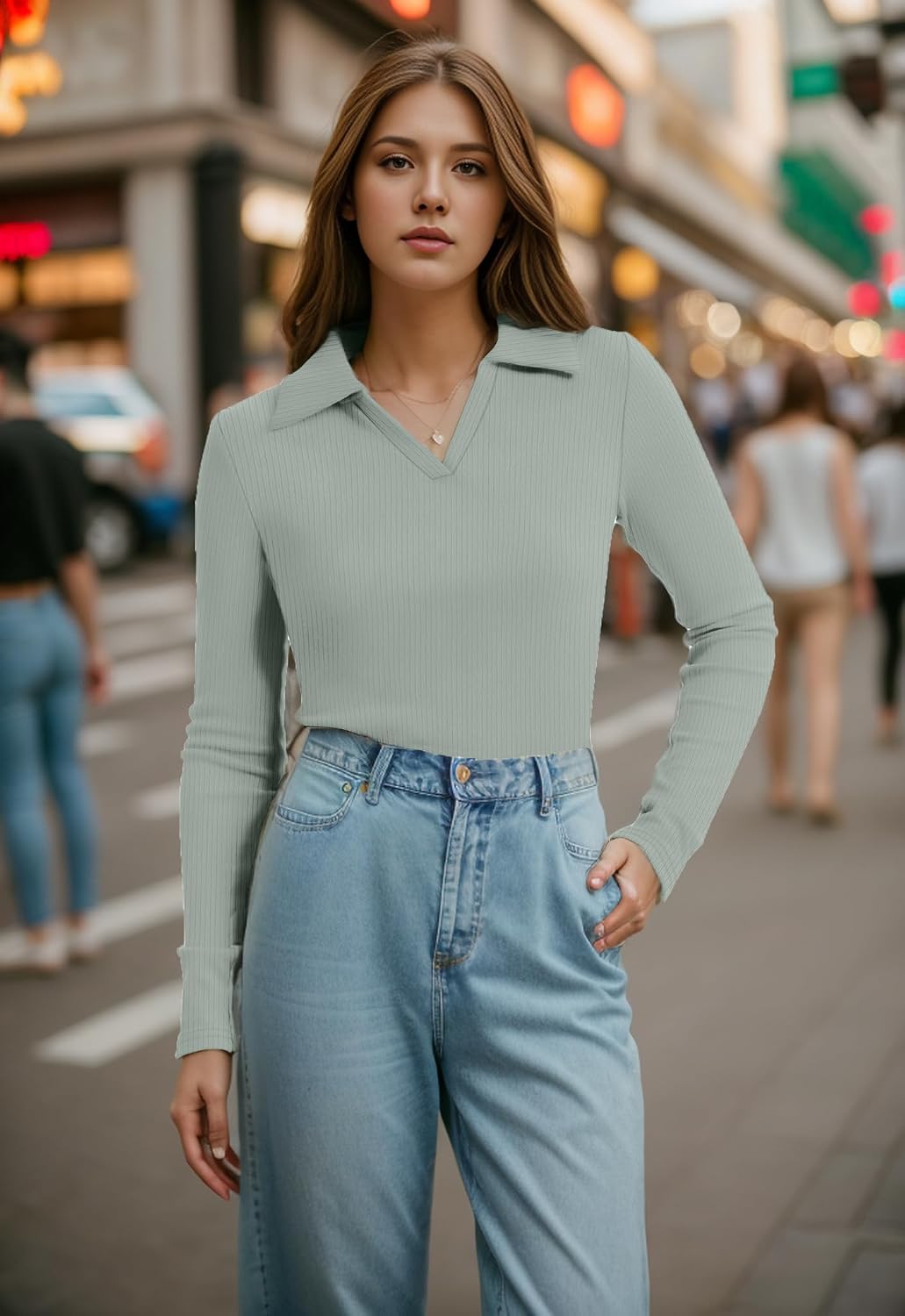 WIHOLL Womens Polo Shirts Long Sleeve Business Casual Tops Collared V Neck Ribbed Knit Sweater Slim Fit Blouses