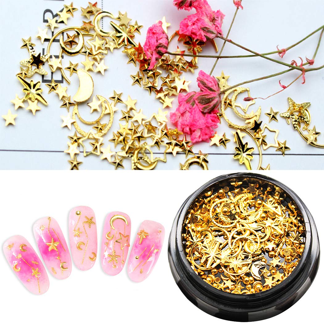 Kapmore 2Boxs Nail Art Stud Nail Sequins DIY Assorted Hollow Gold Moon Star Metal Nail Charms Manicure Glitter Alloy Nail Art Decoration