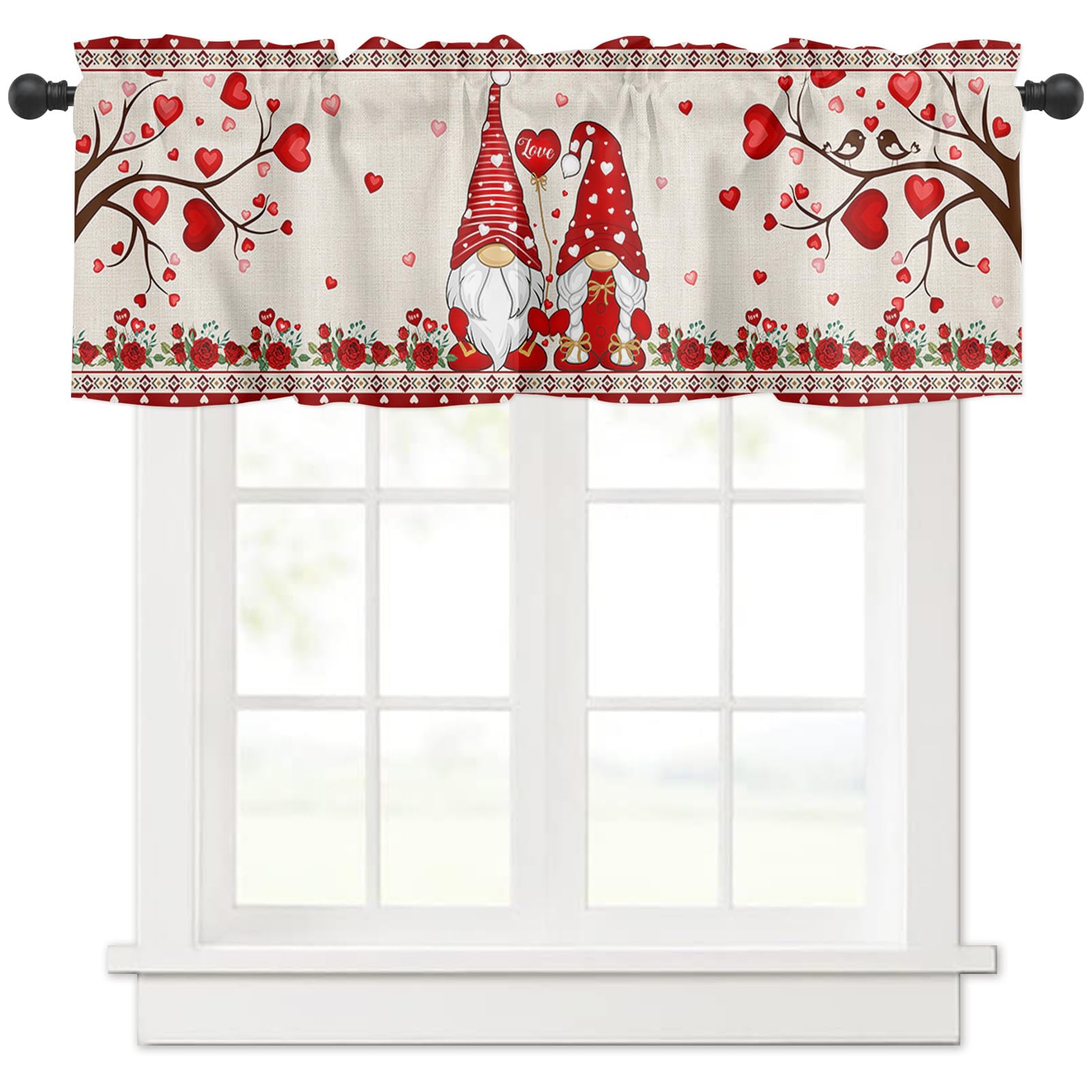 Valentine's Day Valance for Windows Gnome Red Roses Love Heart Curtains Valances Tree Branch Rod Pocket Valance Window Treatments Short Curtains for Kitchen Living Room Bedroom Valentines Decor 42x12