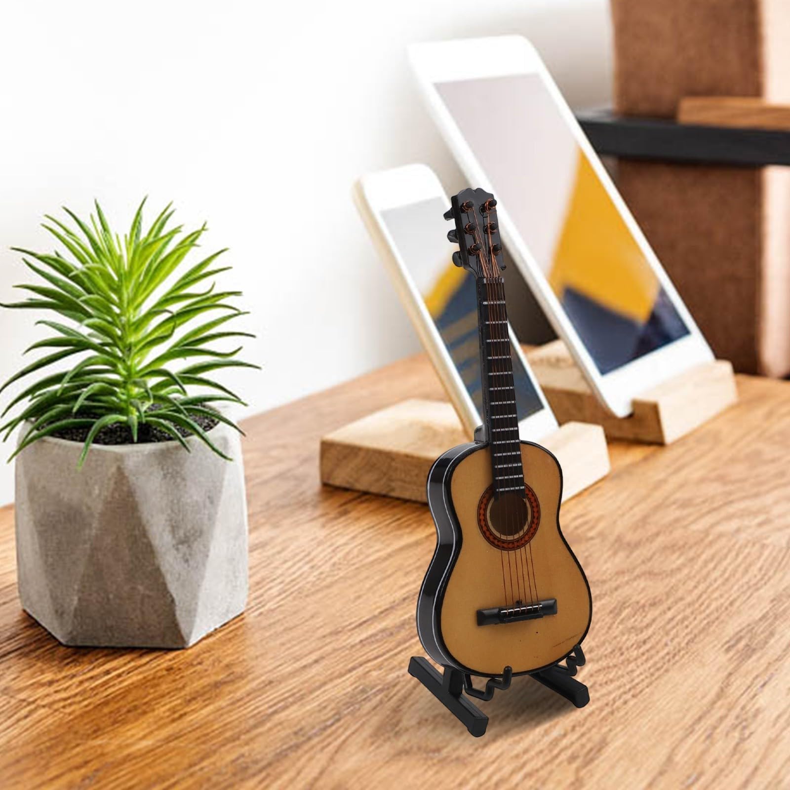 Réplique miniature de guitare classique en bois massif avec support pour bibliothèque, bureau ou meuble mural (bois)