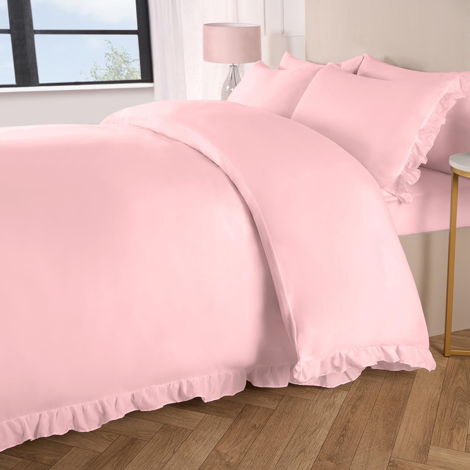 OHS Double Duvet Covers Frill, Microfibre Double Bedding Quilt Covers Bed Set with Pillowcases Quilt Cover Luxury Super Soft Comfy, Blush Pink โ image 1
