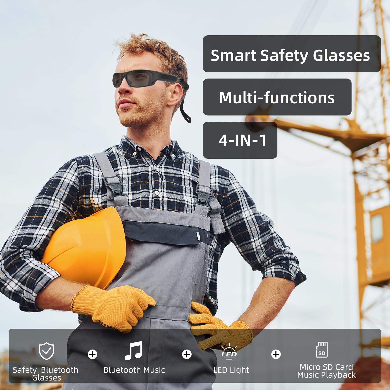 Gafas inteligentes Bluetooth para hombres y mujeres, volumen ultra alto, gafas de seguridad con altavoz Bluetooth, luces LED recargables, marco TR90 de tiempo de funcionamiento de 20 horas ANSI