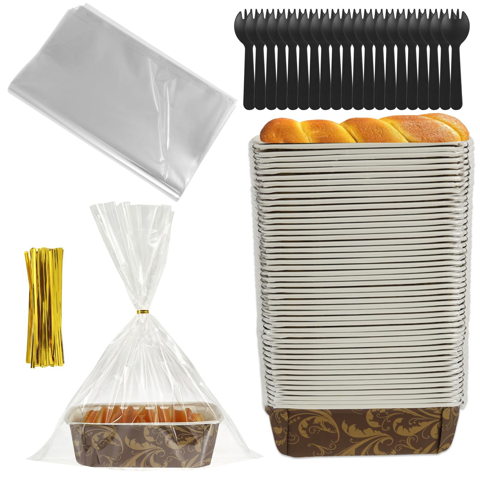 200Pack Paper Loaf Pan, 7.4x3.5x2.4'' Loaf Pan Liners, Disposable Paper Baking Loft Pans, Rectangle Mini Cupcake Liners with Clear Plastic Bags and Spoons, Heat-Resistant Muffin Cups Cake Pans (Brown)