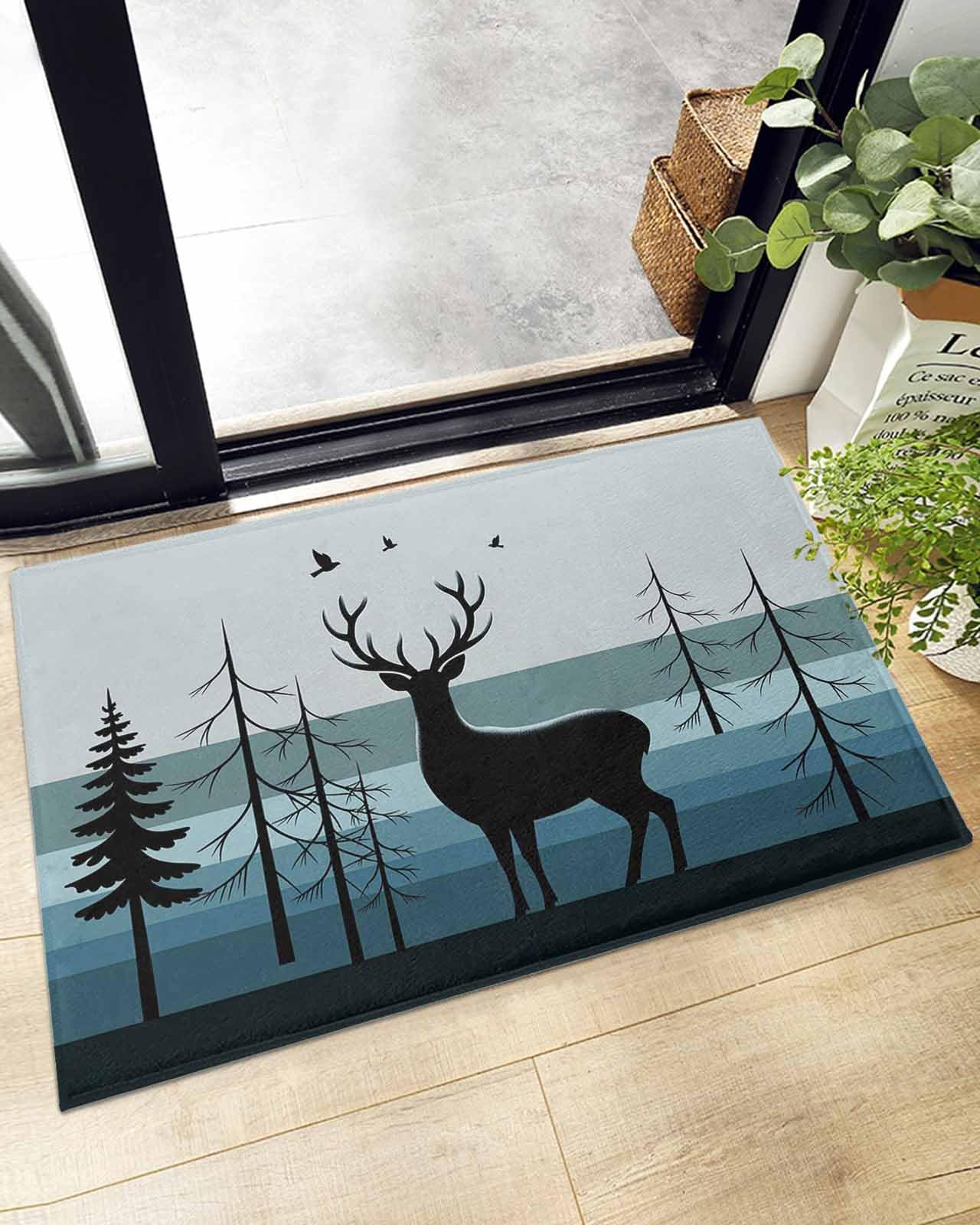 Indoor Doormat Forest Elk Silhouette,Shaggy Floor Mat with Non-Skid Backing Gradient Blue Stripes,Machine Washable Plush Area Rug Carpets for Kitchen Nursery Bedroom