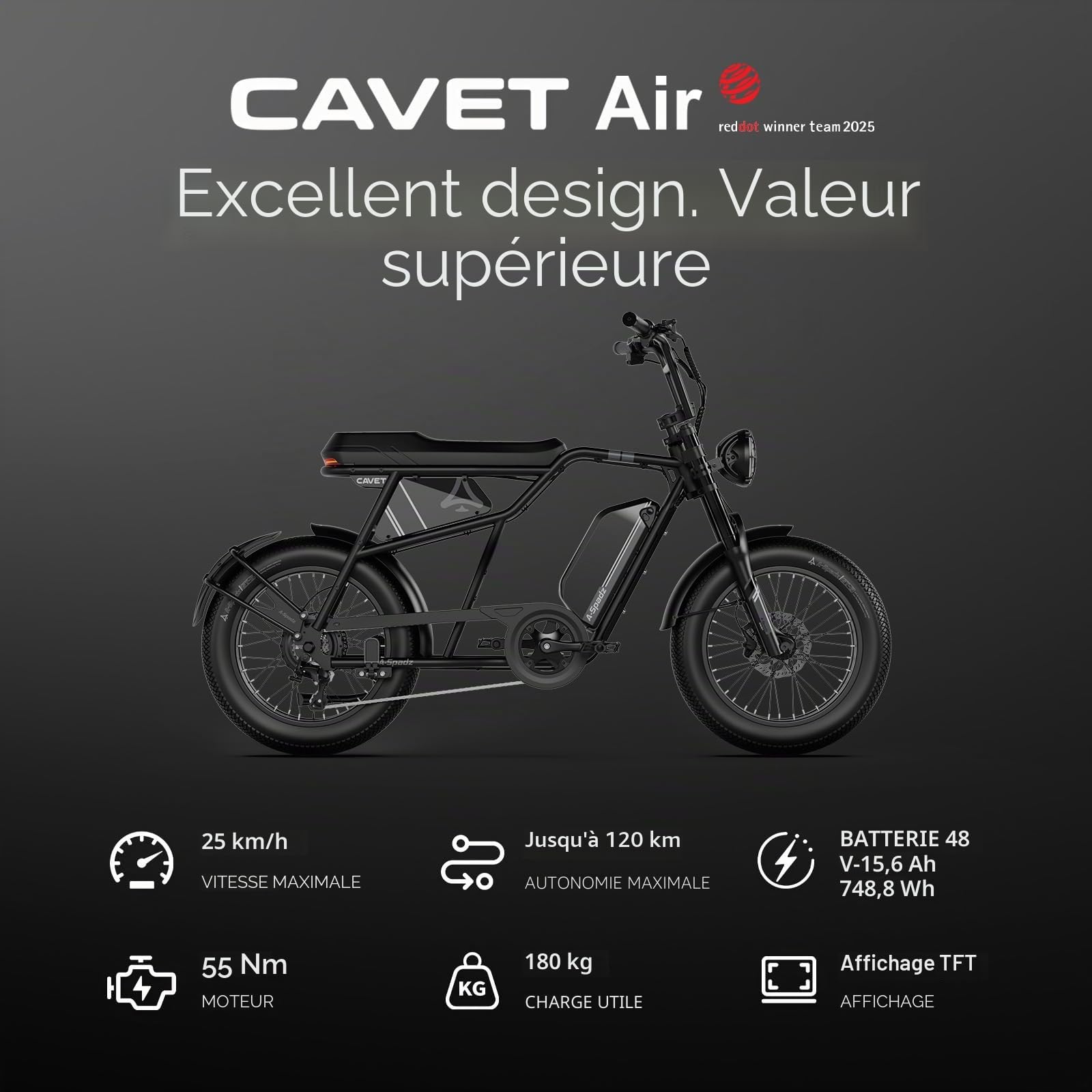 Cavet Air Vélo Électrique Fat Bike 20" 48V 250W 15,6Ah 7 Vitesses Double Siège Écran TFT