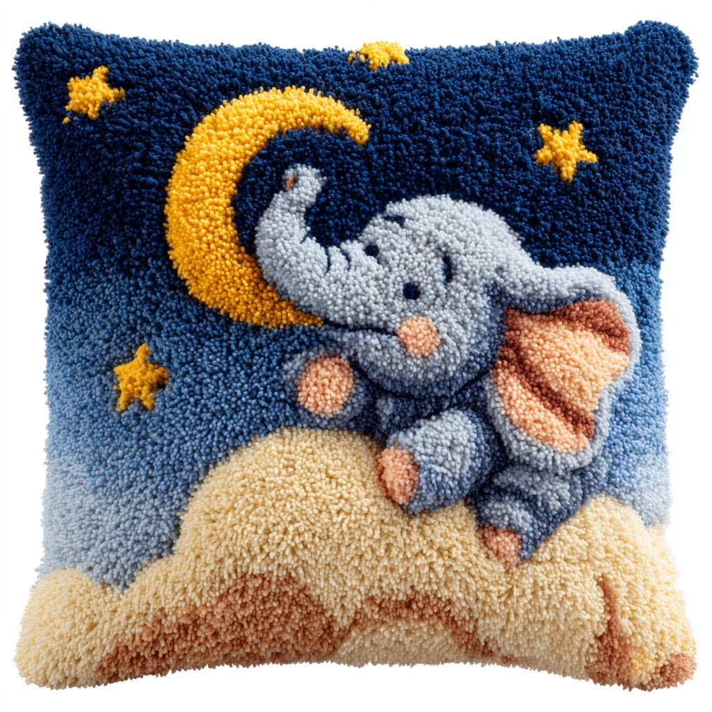 Taxpy DIY Rug Pillow Cover Latch Hook Cushion Kits, Elephant and Moon Needlework Pillow Cover Sofa Cushion Rug Making Kits,17x17inch