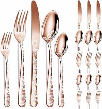 vilihkc 20 piece Unique Pattern Design Silverware Set, Stainless Steel Flatware Set Service for 4, Rose gold Cutlery Set, Mirror Polished Utensil Set for Kitchen, Dishwasher Safe