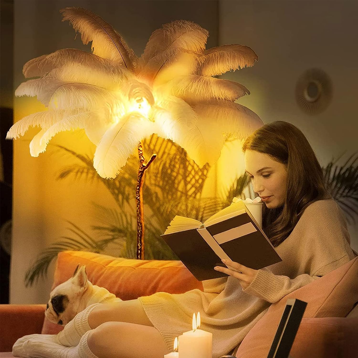 CCXXYGWJ Lampada da Romantica con Piume di Struzzo, Lampada a LED con Piume di Struzzo in Resina di Lusso, Lampada da dimmerabile in 3 Colori con Piede, Lampada da Lettura Decorativa ad Angolo per