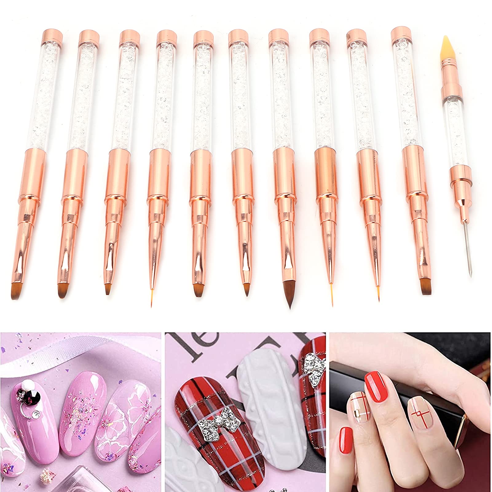 Set di Pennelli per Nail Art 11 Pezzi per il Design Professionale delle unghie. Elegante Kit di Penne a Doppia Testa con Capelli in Nylon e Manico in