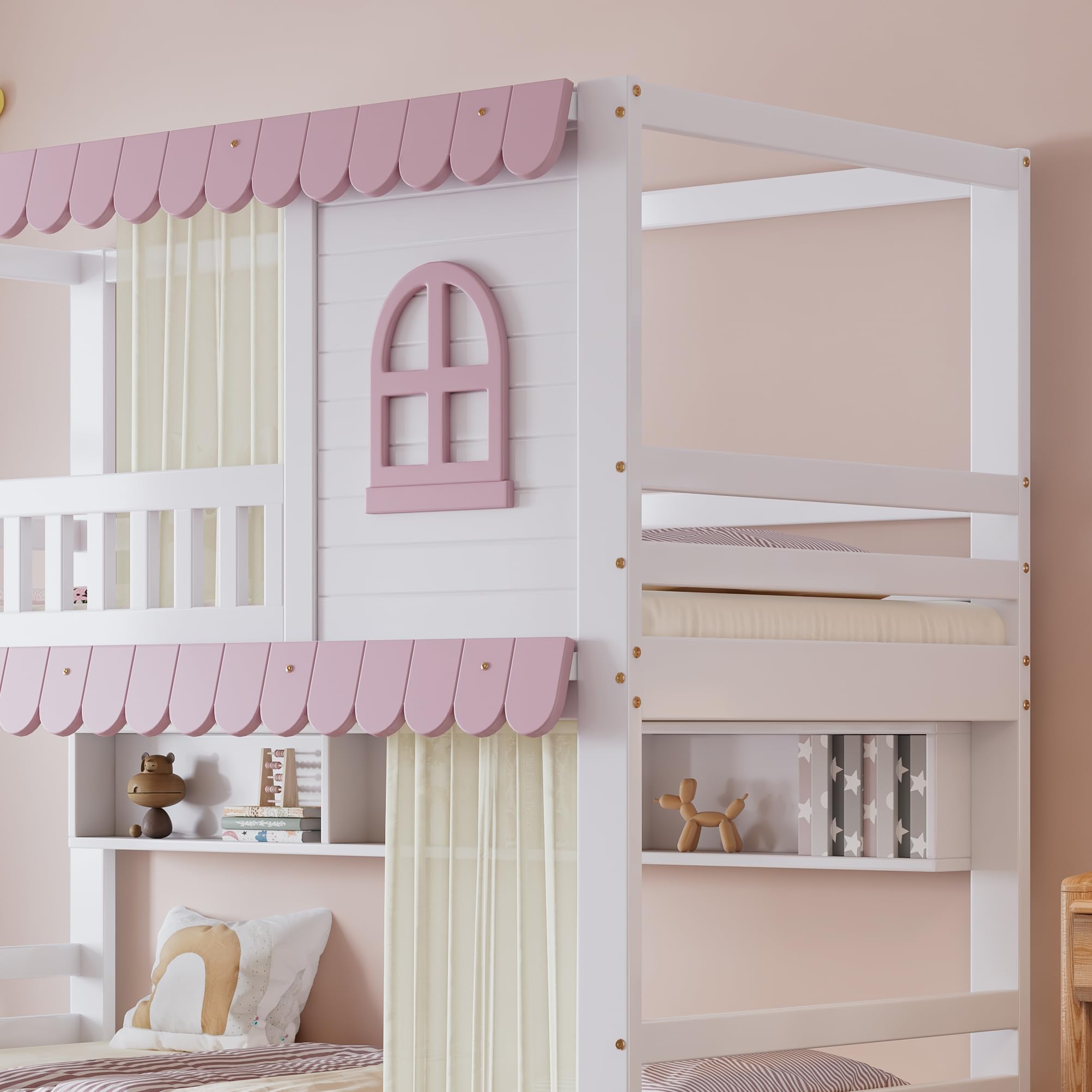 Merax Etagenbett Kinderbett 90x200cm, Hochbett Holzbett mit Rausfallschutz, Zwei Schubladen mit Rollen, Offenes Regal, Platzsparendes Stockbett mit 2 Lattenrost & Großes Fenster, Jugendbett, Weiß&Rosa