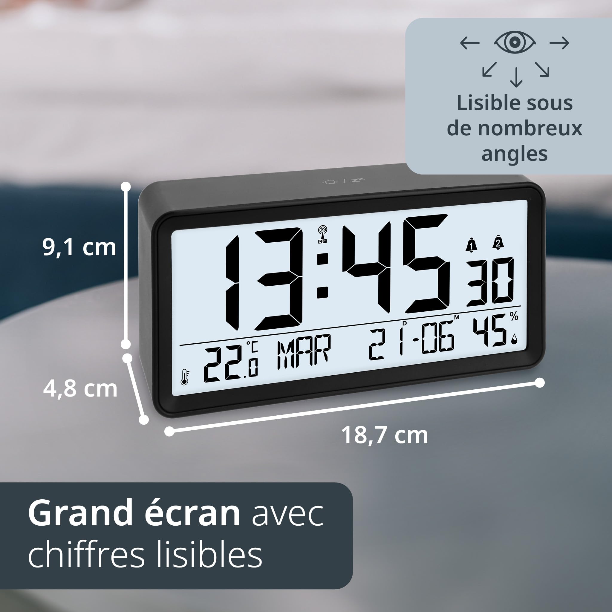 Grand écran Thermomètre Horloge Radiopilotée ADE - Grand écran 19x11cm - Thermomètre Hygromètre - Double Alarme - Argenté Horloge Radio Pilotée