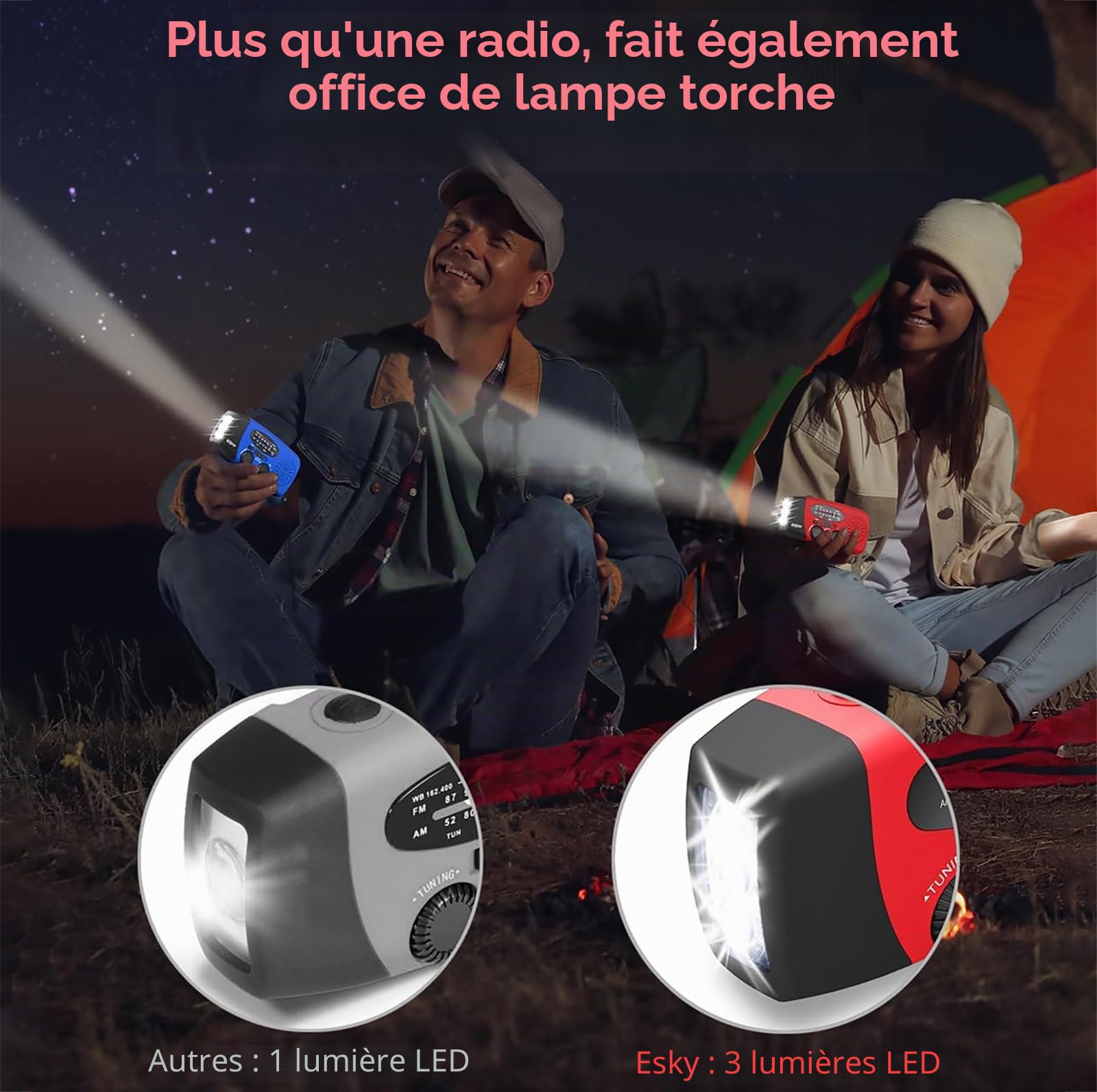 Radio Solaire d’Urgence, Radio à Manivelle Auto-alimentée avec Lampe de Poche LED, Météo AM/FM/WB avec Batterie Rechargeable 2000mAh pour Le Chargement d’Urgence du Téléphone Intelligent