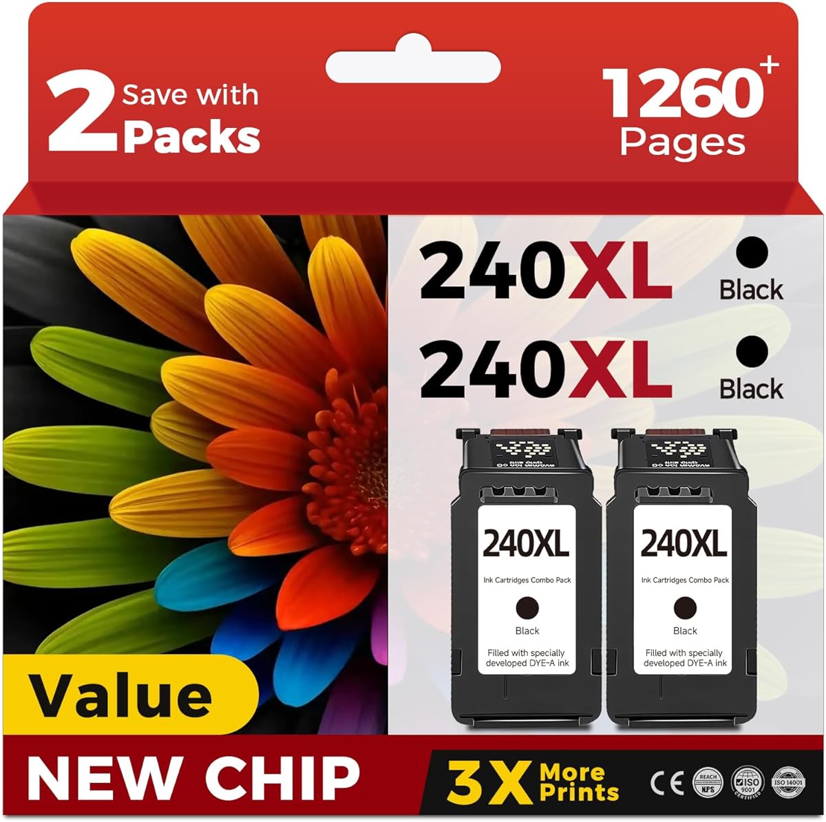 240XL Black Ink Cartridge Compatible Replacement for Canon PG-240 XL PG240 Work with MG3620 MG3600 MG4120 MG3520 TS5120 TS5100 MG3222 MG3220 MG3140 MG3120 MG3122 MG2120 MG2220 Printer 2 Pack Black