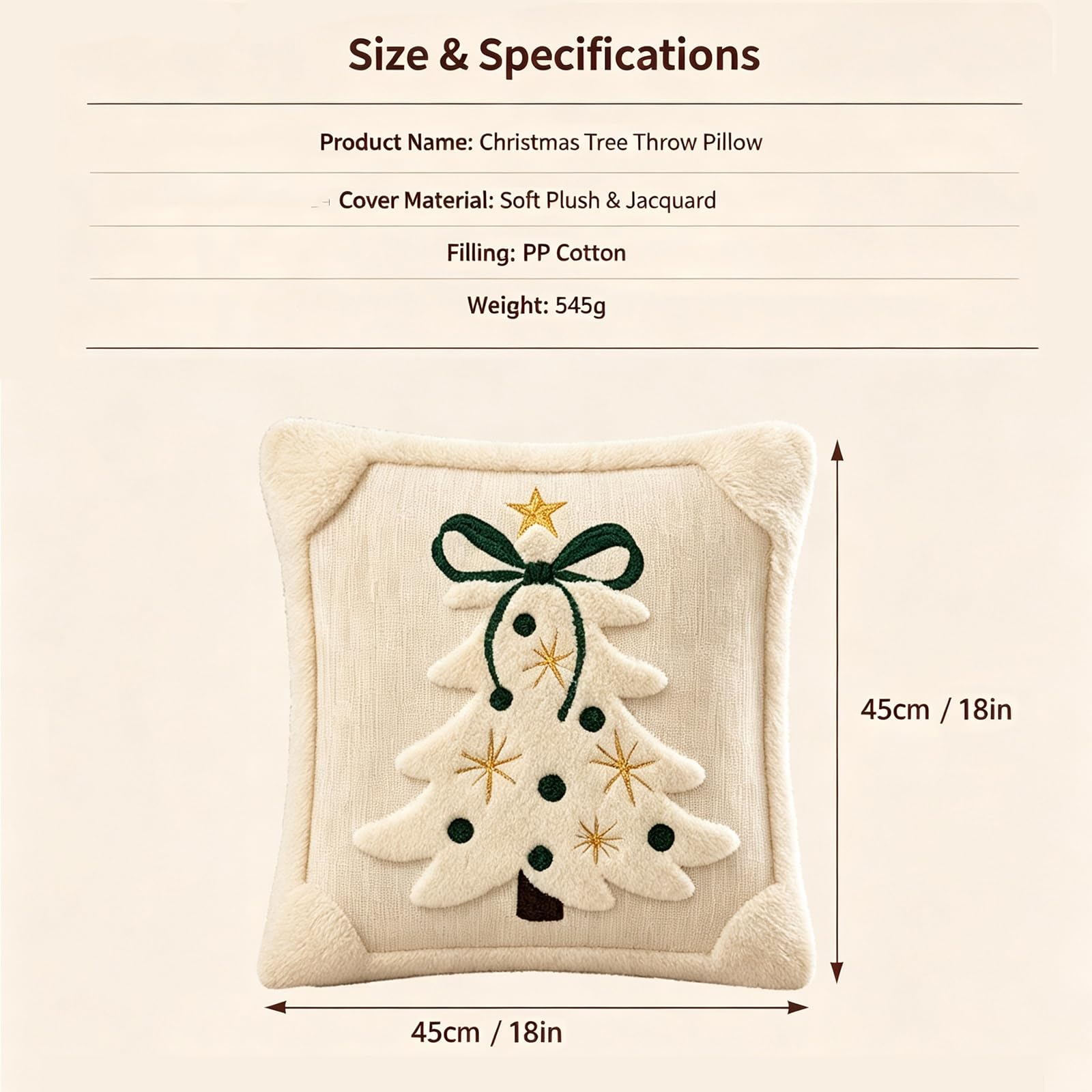 Cojín Decorativo con Forma De Árbol De Navidad De 45 X 45 Cm, Cojín Cuadrado Decorativo Acolchado 3D con Lazo, Almohada Cuadrada Suave Y Afelpada para Sofá Sillón Dormitorio(W+g)