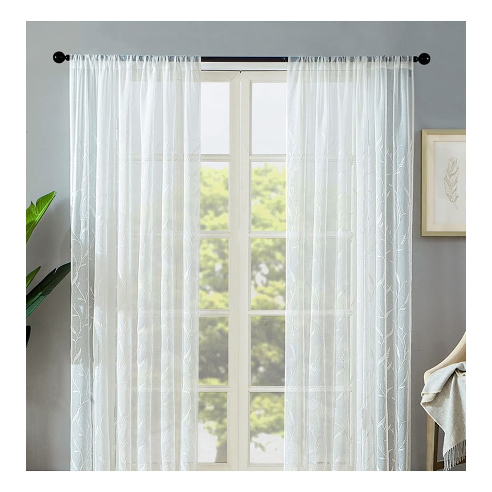 Lieson Voile Window Curtain 52 inch Long, Sheer Curtains 2 Panels Wheat Ears Embroidery White Window Treatment Living Room Without Drilling 42" W x 52" L