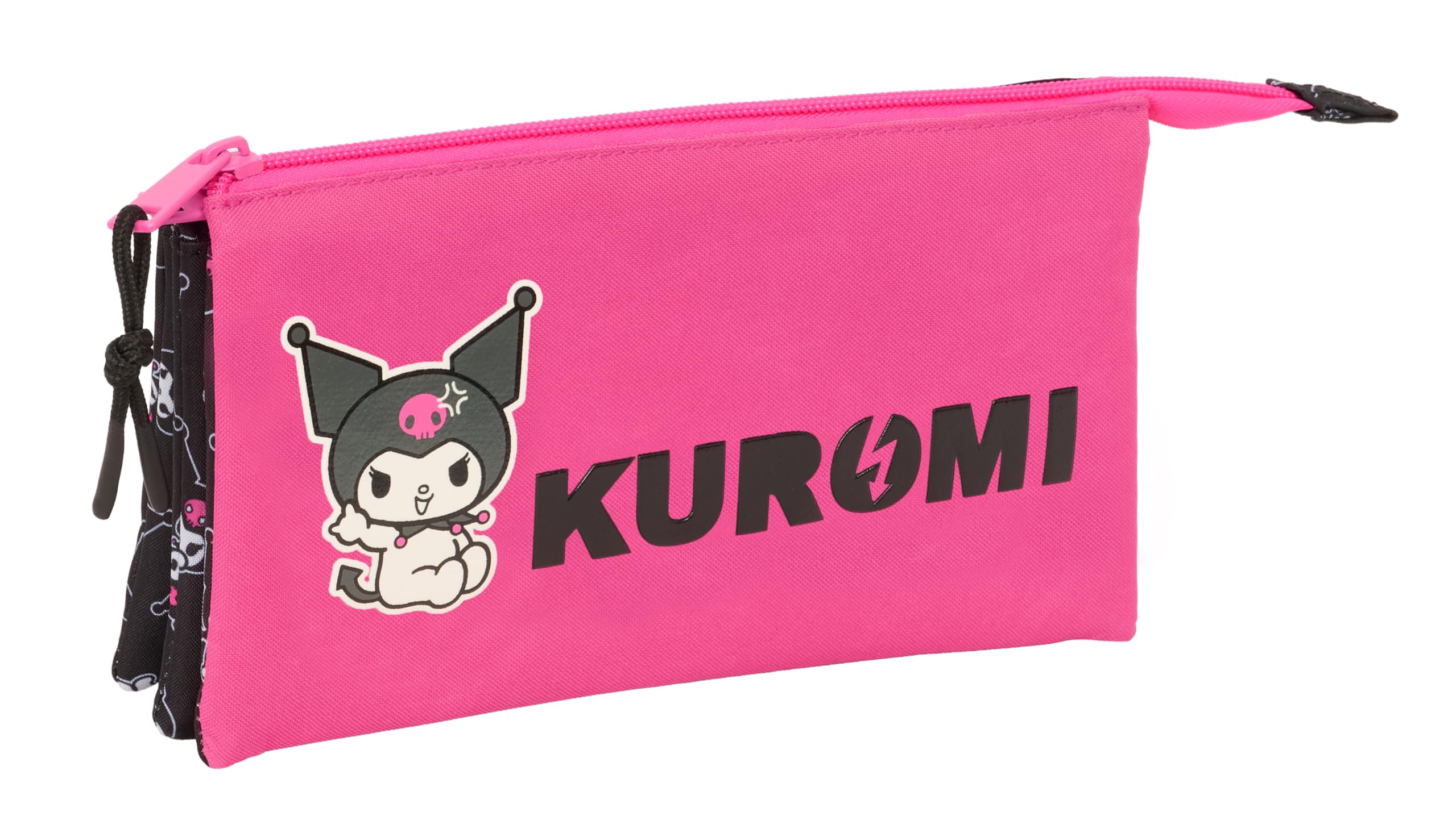 Safta KUROMI – Triple Pencil Case, Children's Pencil Case, Ideal for School Children, Comfortable and Versatile, Quality and Resistance, 22 x 3 x 12 cm, black/fuchsia, M, Casual