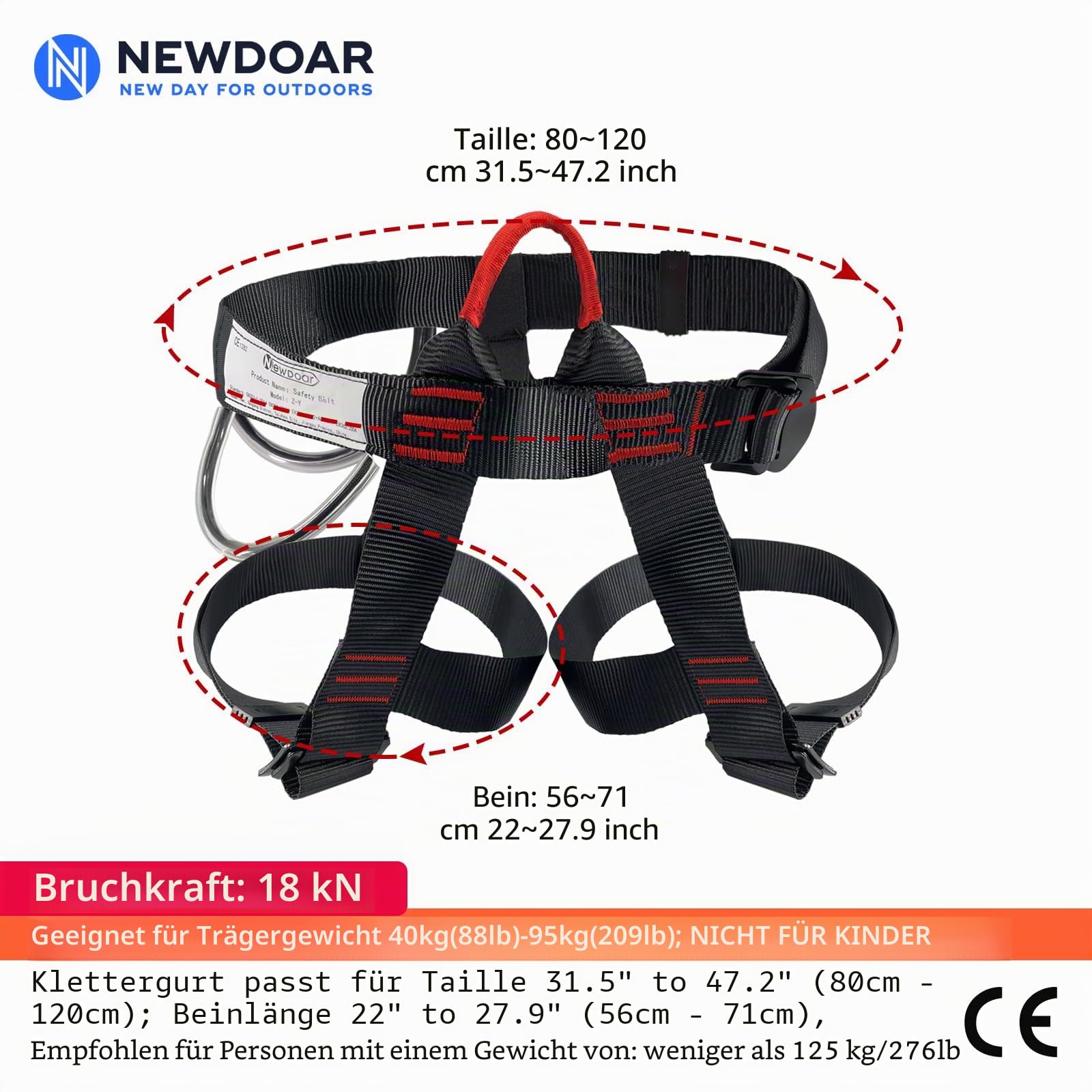 NewDoar Klettergurt, Bergsteiger-Klettergurt, Halbkörpergurt, Taillen-Hüftschutz, verstellbarer Sicherheitsgurt zum Abseilen, Feuerrettung, Baumklettern, Baumpfleger mit Testbericht