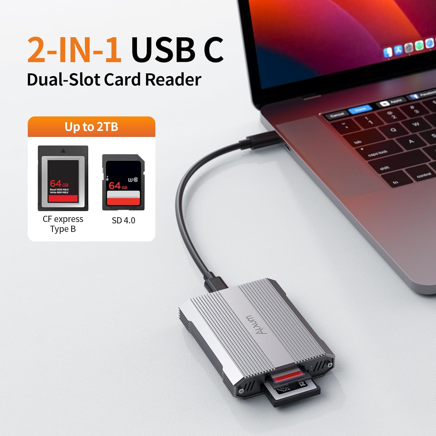 CFexpress Type B and SD4.0 UHS-II Dual Card Reader, 10Gbps USB C Dual-Slot Type B CFexpress Adapter with USB 3.2 Gen 2, Portable 2-in-1 Memory Card Reader, Compatible with Windows/Mac/Linux/Android
