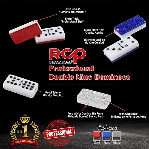 Miniatura 5 de RCP PRODUCTS Double Nine Dominoes Professional, juego de dominó de alto brillo en caja de madera, juego de 55 azulejos. Color rojo