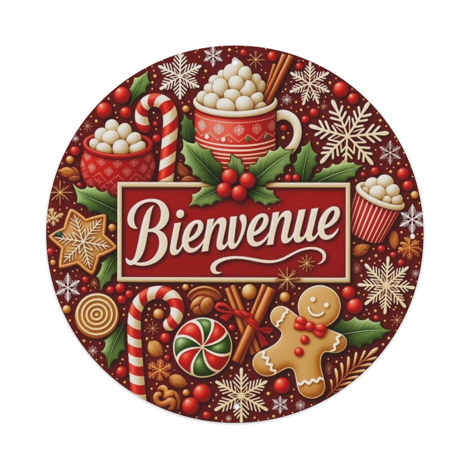 French Bienvenue Christmas Gingerbread Round Sign Vintage Aluminium Metal Sign, Retro Wall Decor for Home, Bar, Garage & Farmhouse 20x20cm