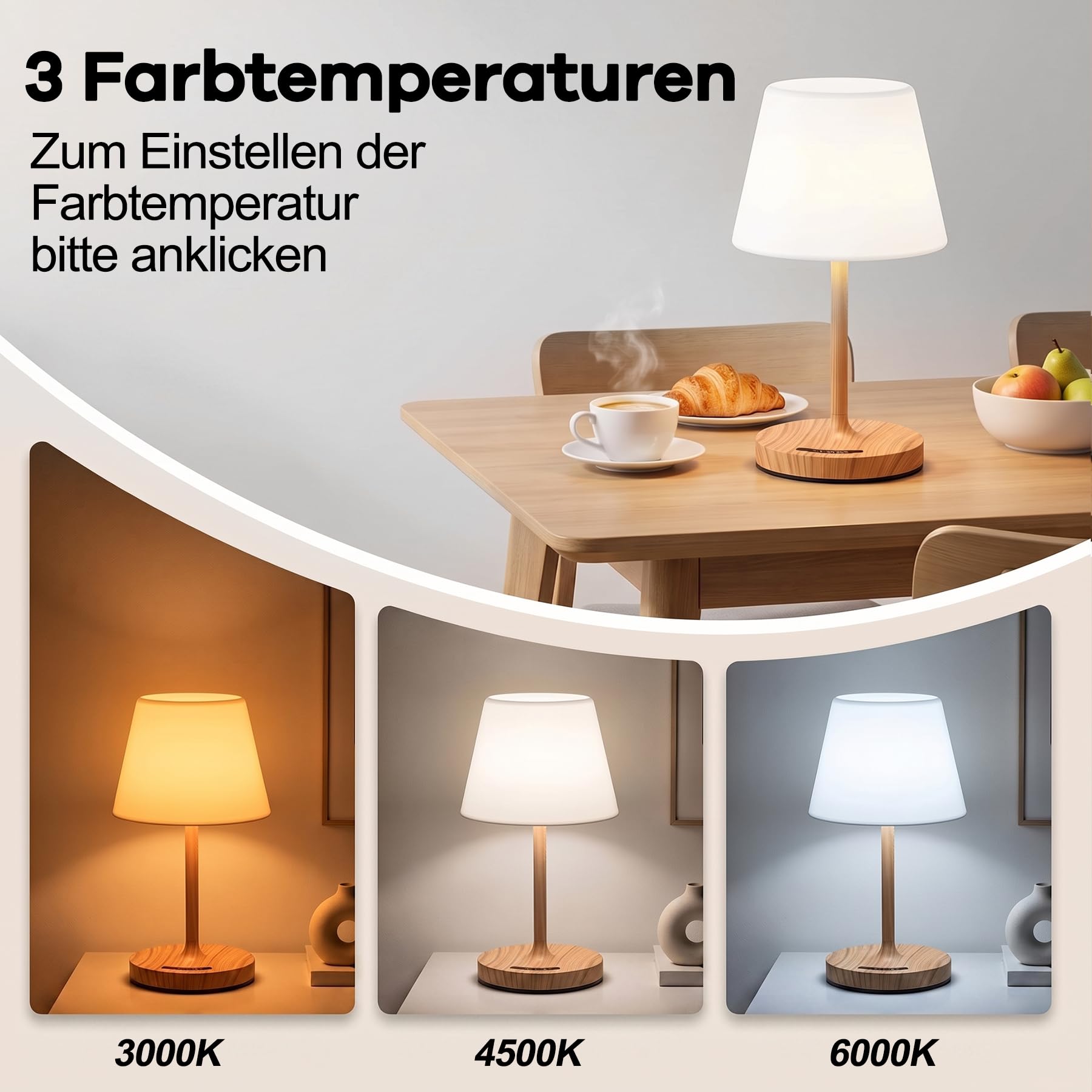 2 Stück Tischlampe Kabellos, 3 Farbtemperatur Nachttischlampe Touch Dimmbar mit Ladefunktion, IP54 Wasserdicht Tischleuchte Kabellos Memory Funktion für Schlafzimmer Esstisch Nachttisch (Holzmaserung)