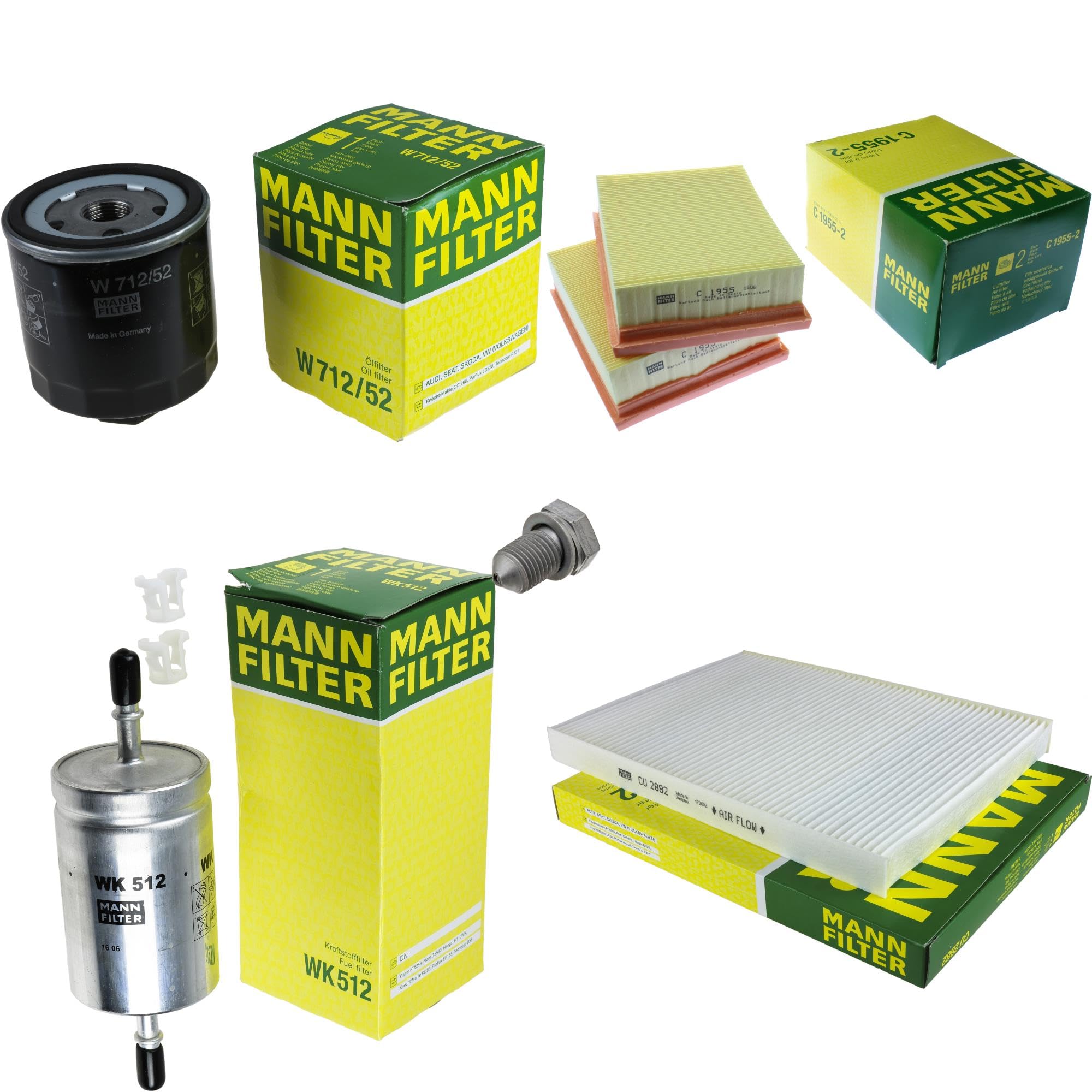 Paquete de inspección Kit de mantenimiento de filtros con filtro de aceite W 712/52, filtro de aire C 1955-2, filtro de combustible WK 512, filtro de habitáculo CU 2882, tornillo de cierre