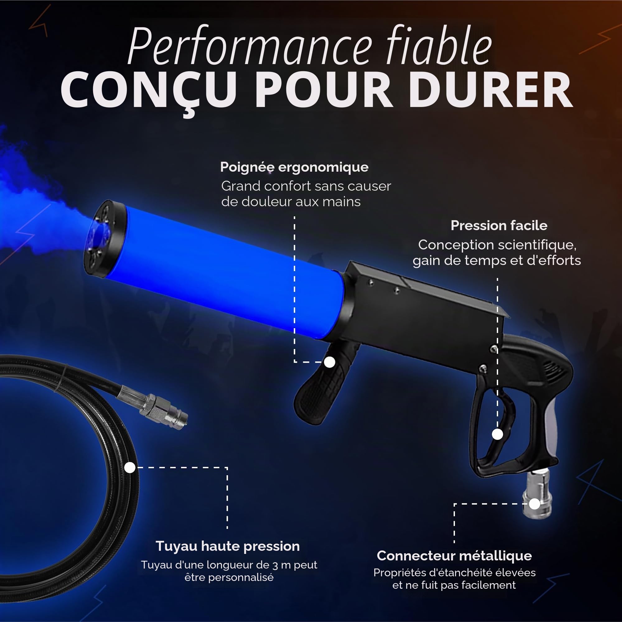 Pistolet à CO2 pour fête avec une portée de 6m | Câble de 3m + Tuyau de sortie sans givre | Canon/Pistolet DJ CO2 de haute qualité | Convient pour DJ, club, scène, et la mise en scène | Jet Machine