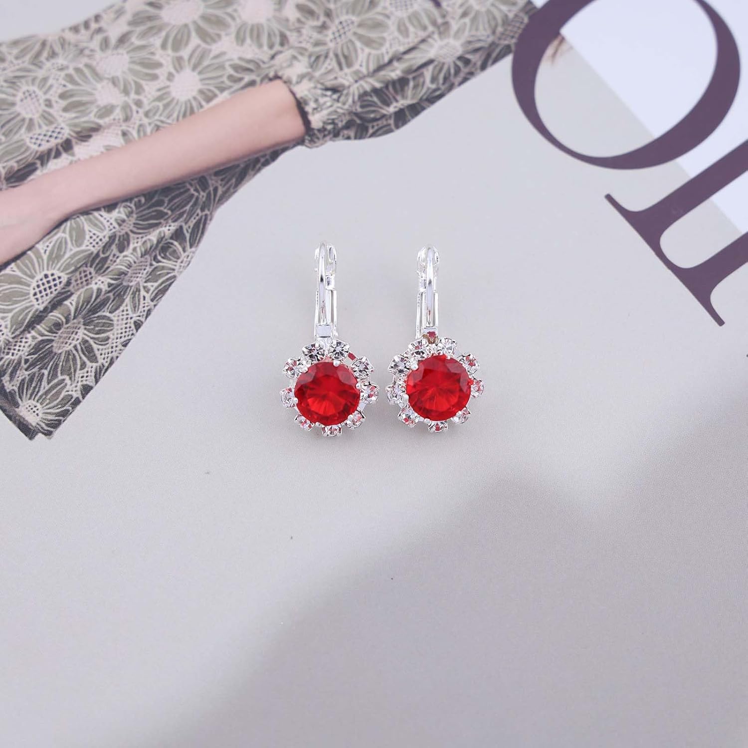 Andelaisi Boho Ruby Crystal Earrings Silver Ruby Gemstone Drop Earrings Red Created Ruby Dangle Earrings Vintage Rhinestone Ruby Flower Earrings Jewelry for Women - Image 6