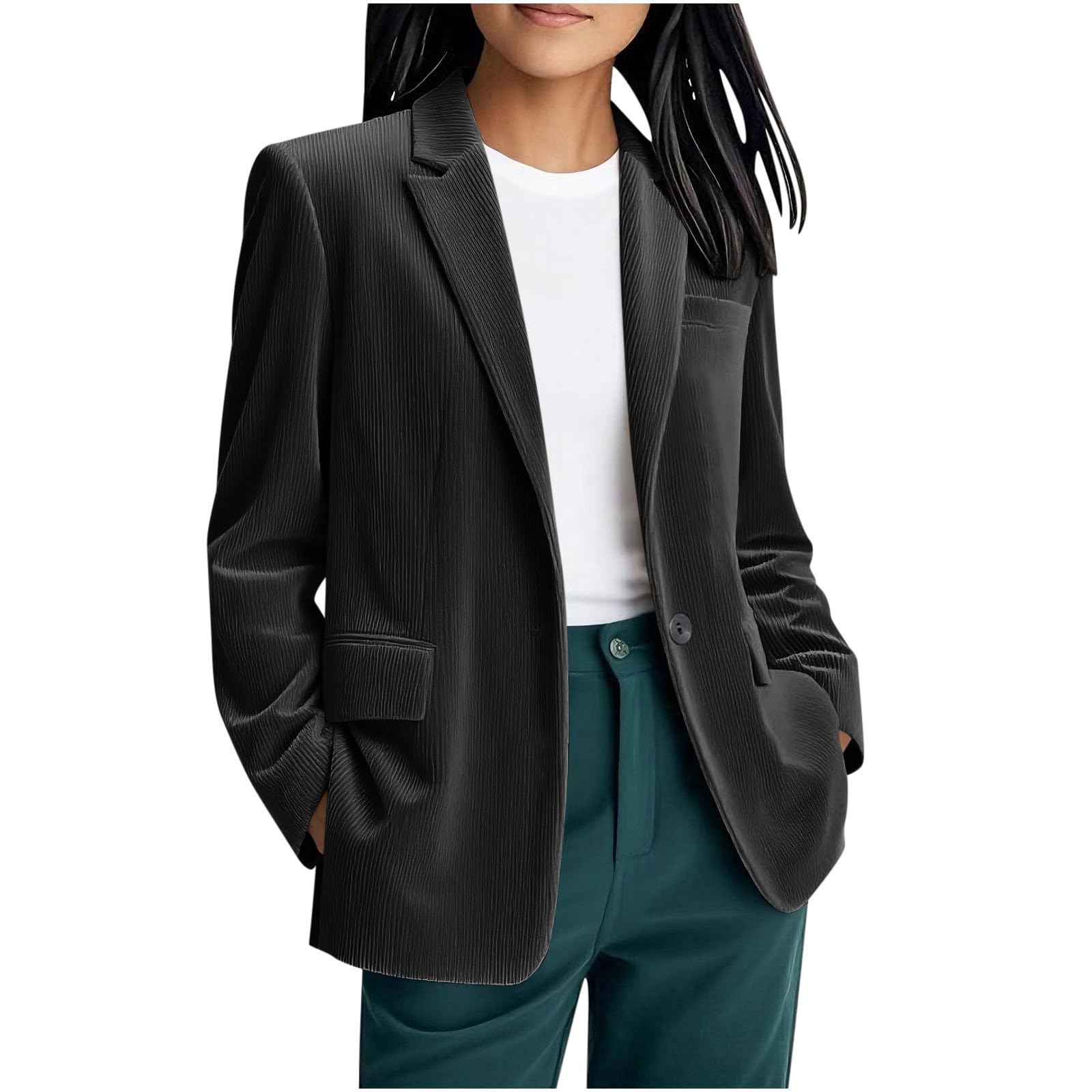 Corduroy Blazers for Women Long Sleeve Lightweight Open Front Fall Suits Jackets One Button Lapel Collar Outfits