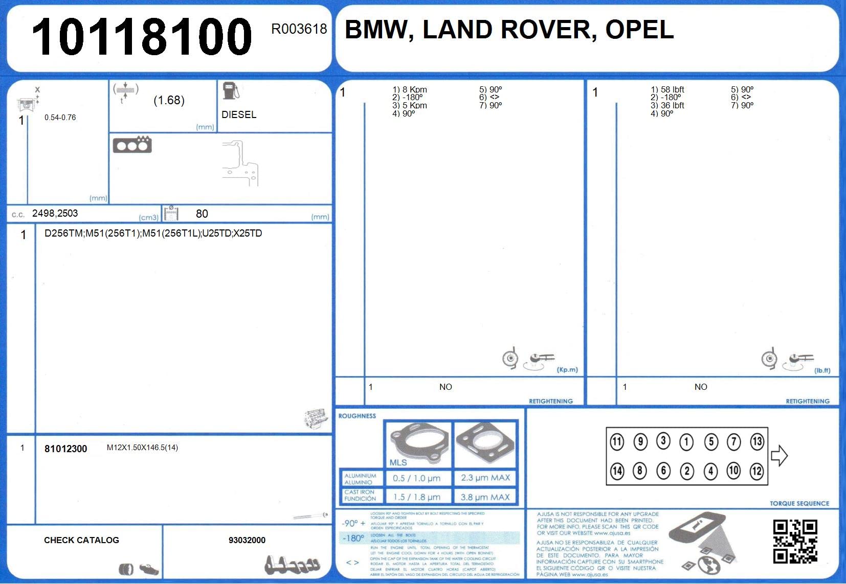Guarnizione testata 10118100 AJUSA per BMW OPEL LAND
