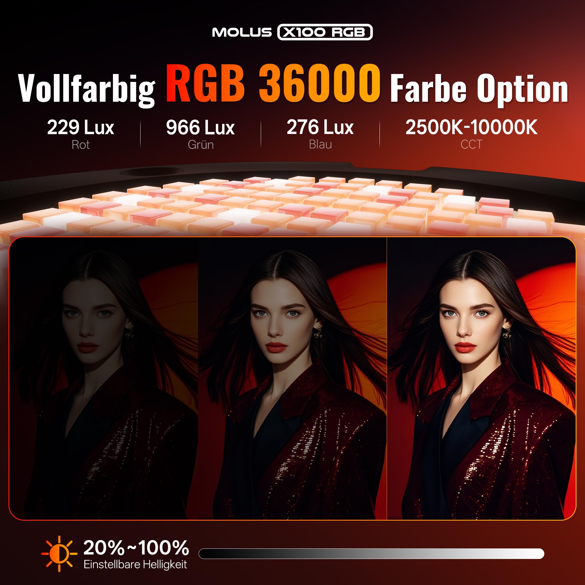 ZHIYUN MOLUS X100 RGB PRO V2 Verbesserte Version RGB Videolicht 100w [Official],RGBWW LED Videoleuchte Studiolicht mit2600mAh Akku,384g/APP Steuerung，2500K~10000K CRI≥95 TLCI≥97