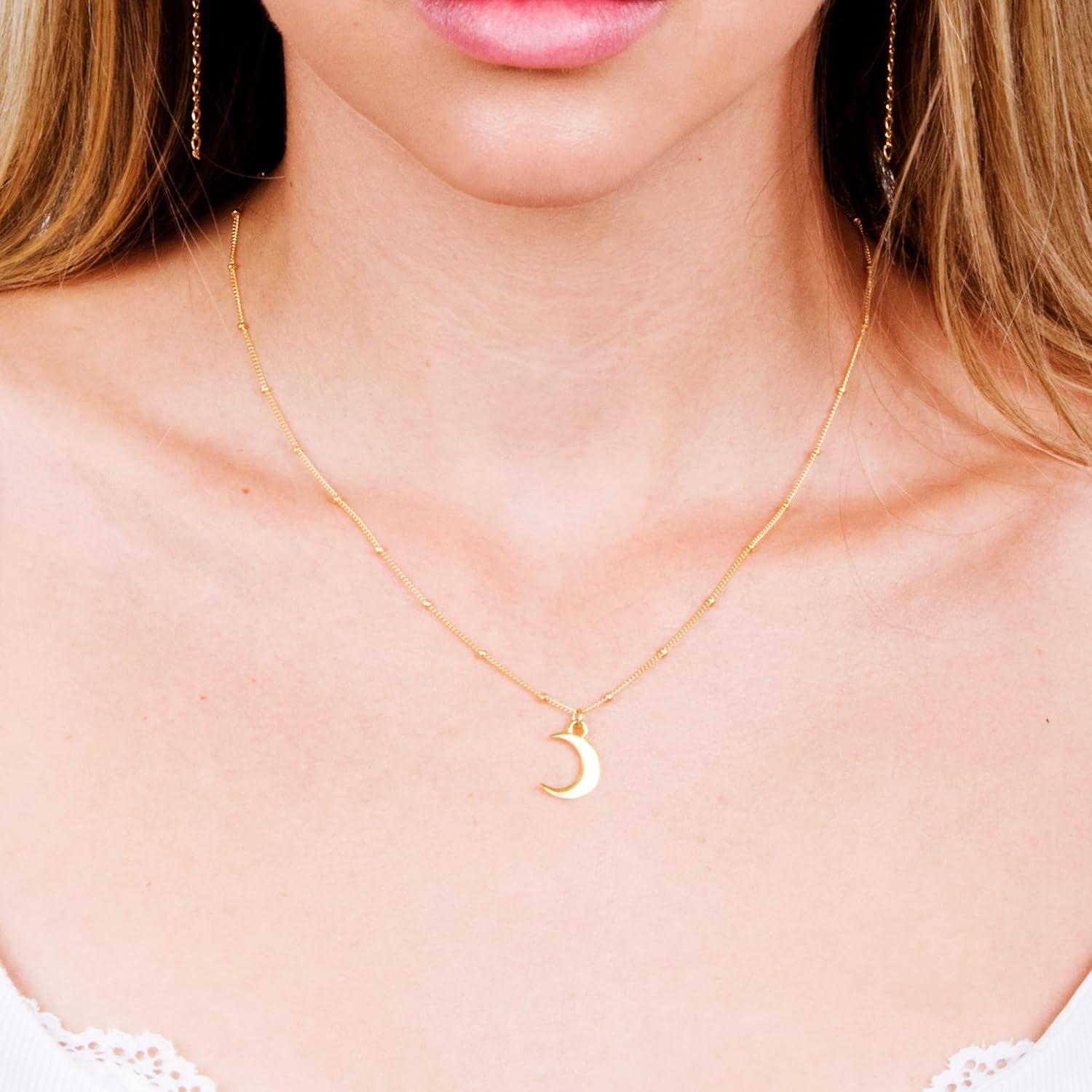 Gold Moon Necklace for Women - Crescent Pendant on a Minimal Gold Filled Satellite Chain - Length 16" + 2" Extender