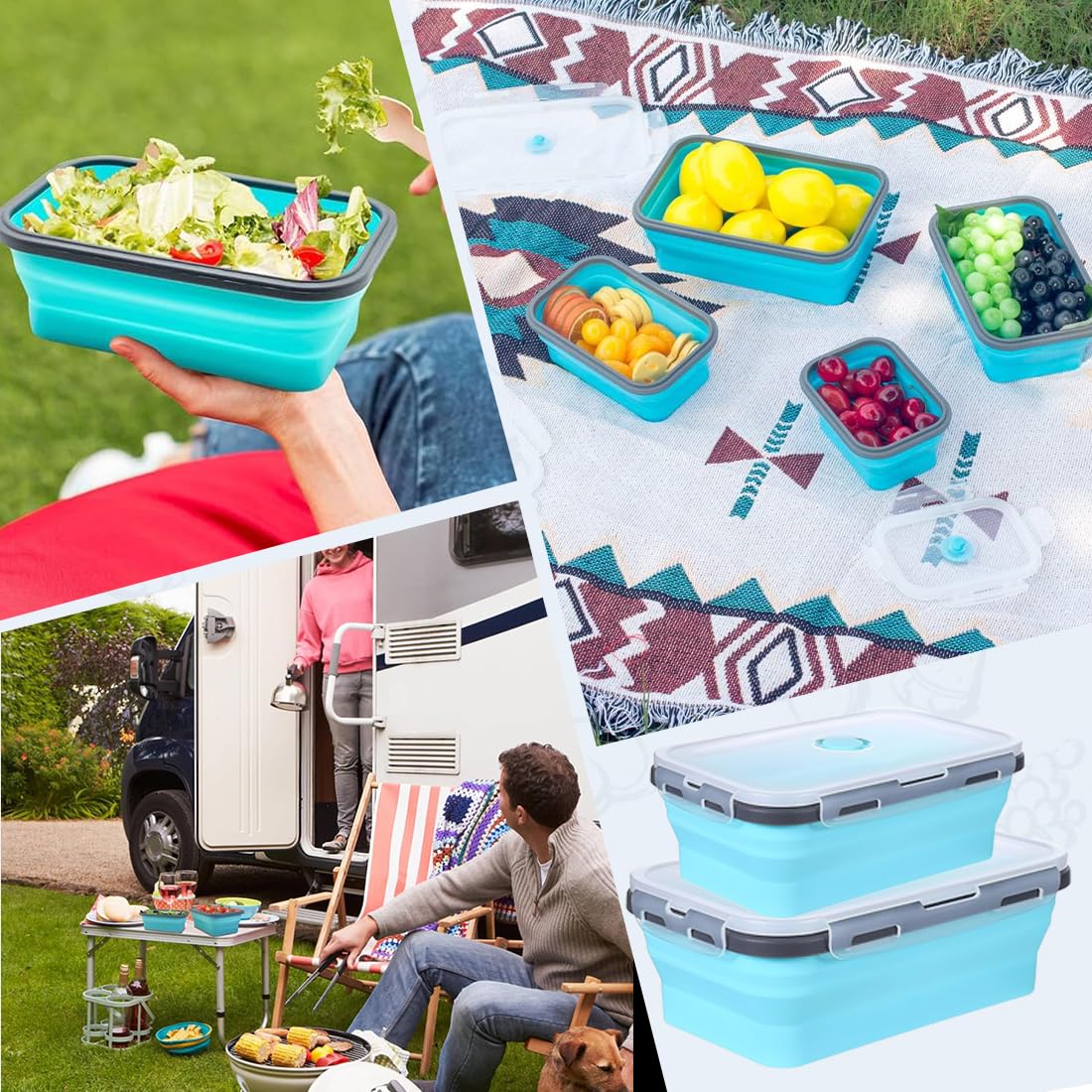 2 Pezzi Contenitori Pranzo Pieghevoli per Alimenti 800ML, 500ML, Contenitori per Alimenti, Portable Pranzo del Silicone, Set Contenitori Silicone per Alimenti Picnic Campeggio