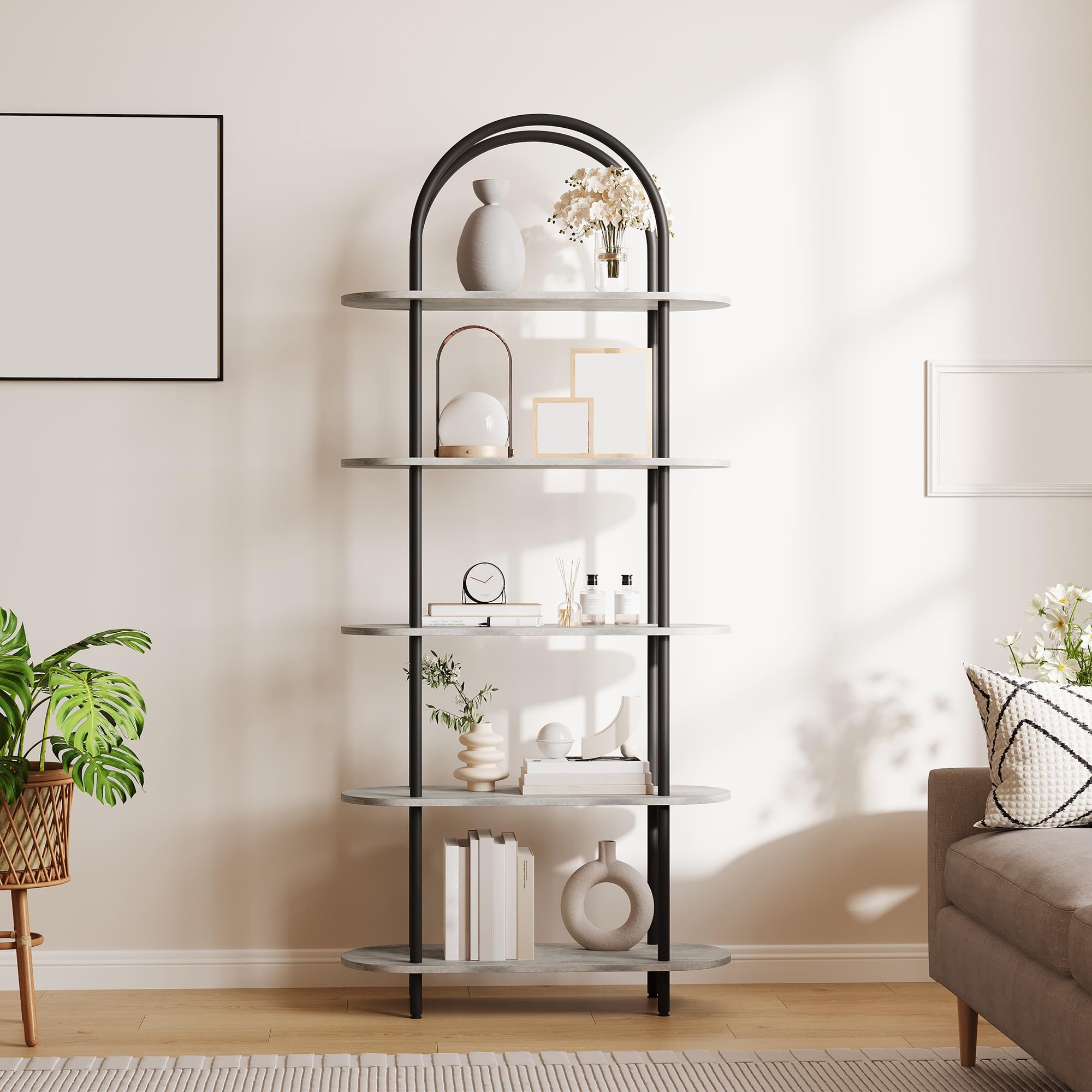 GarveeMore Modern Arched 5-Tier Bookshelf – Freestanding Open Bookcase Display Rack with Durable Metal Frame – Storage Shelf for Bedroom, Living Room, Home Office – Black + Graphite Gray, Five Layers