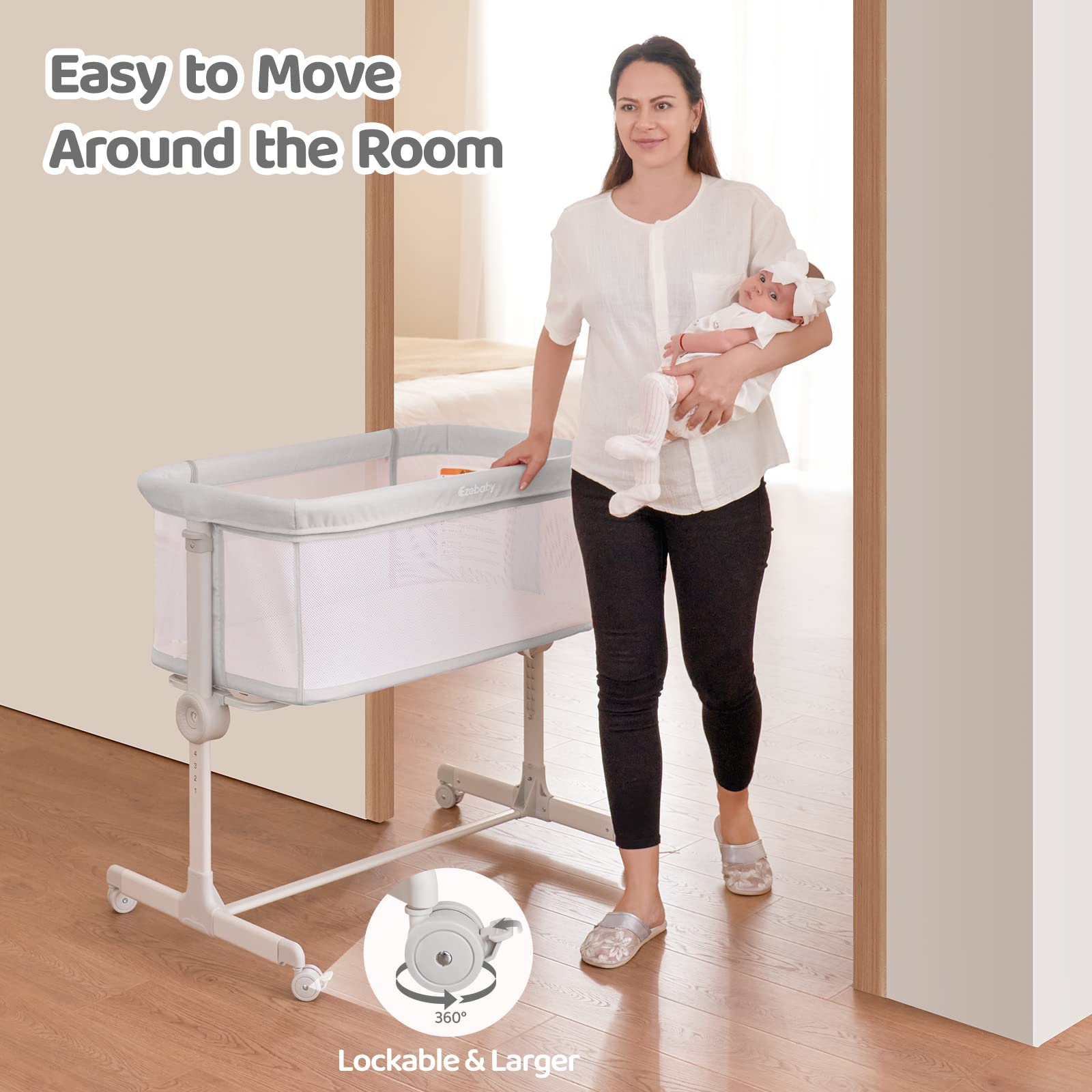 Ezebaby Lit Cododo, Berceau Bébé 2 en 1, dès la Naissance et jusqu'à 9kg, 7 Réglage de la Hauteur, avec Matelas Roues Fenêtres Latérales en Maille (Gris Clair)