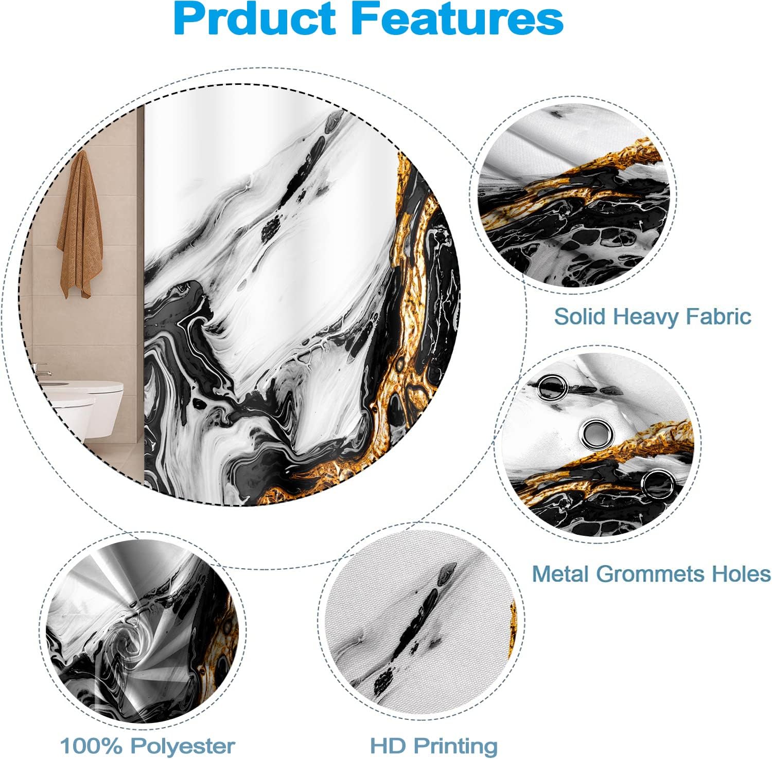 White Black Abstract Marble Stone Fabric Shower Curtain Ink Painting Gold Sand Waterproof Cloth Shower Curtains for Bathroom Modern Watercolor Decoration with Hooks 72x72 inches