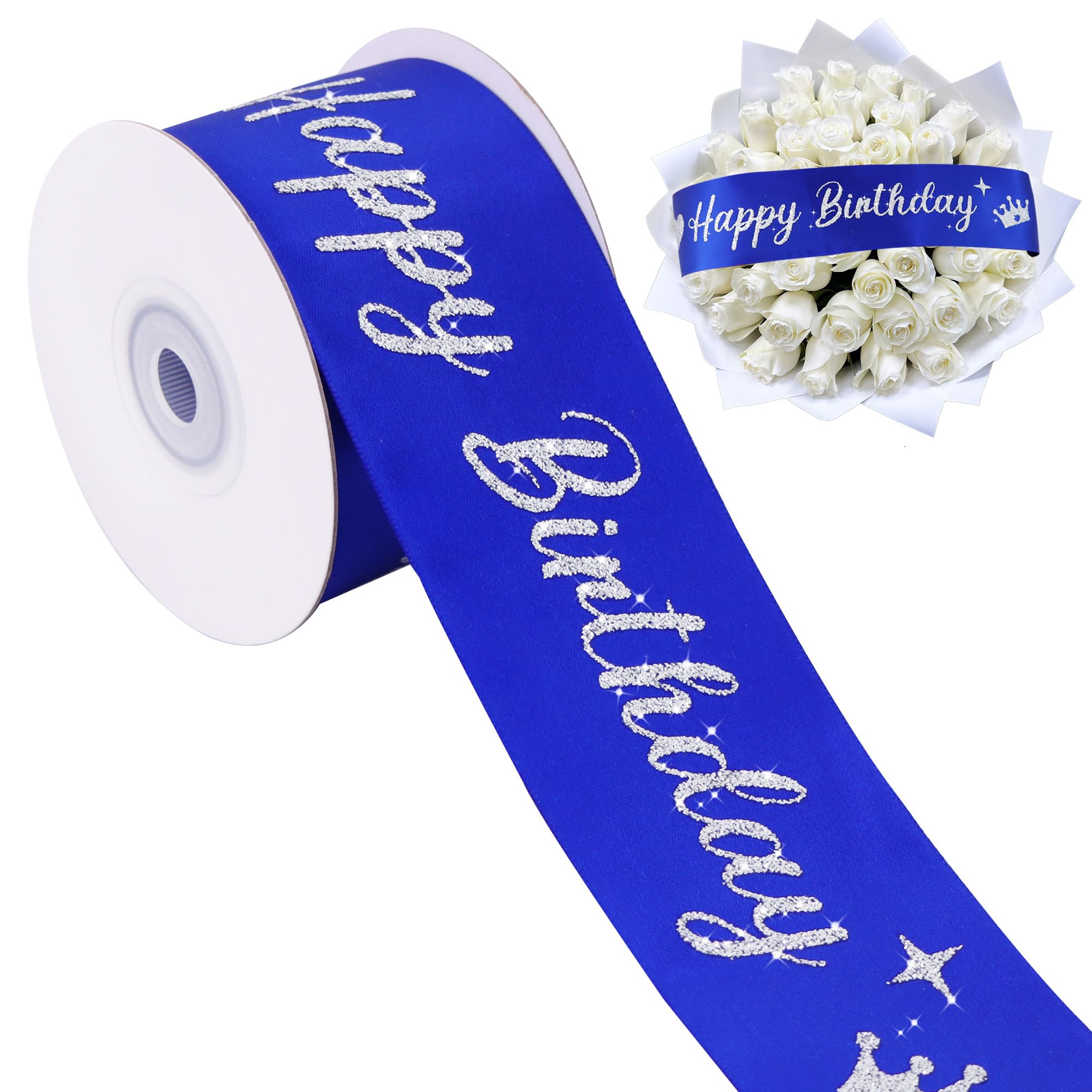 TONIFUL Glitter Navy Blue Happy Birthday Satin Ribbon 2 Inch x 10 Yards Wide Shiny Birthday Ribbon for Flower Bouquet, Gift Wrapping, Cake Decoration, Crafts, Banner Making and Party Supply