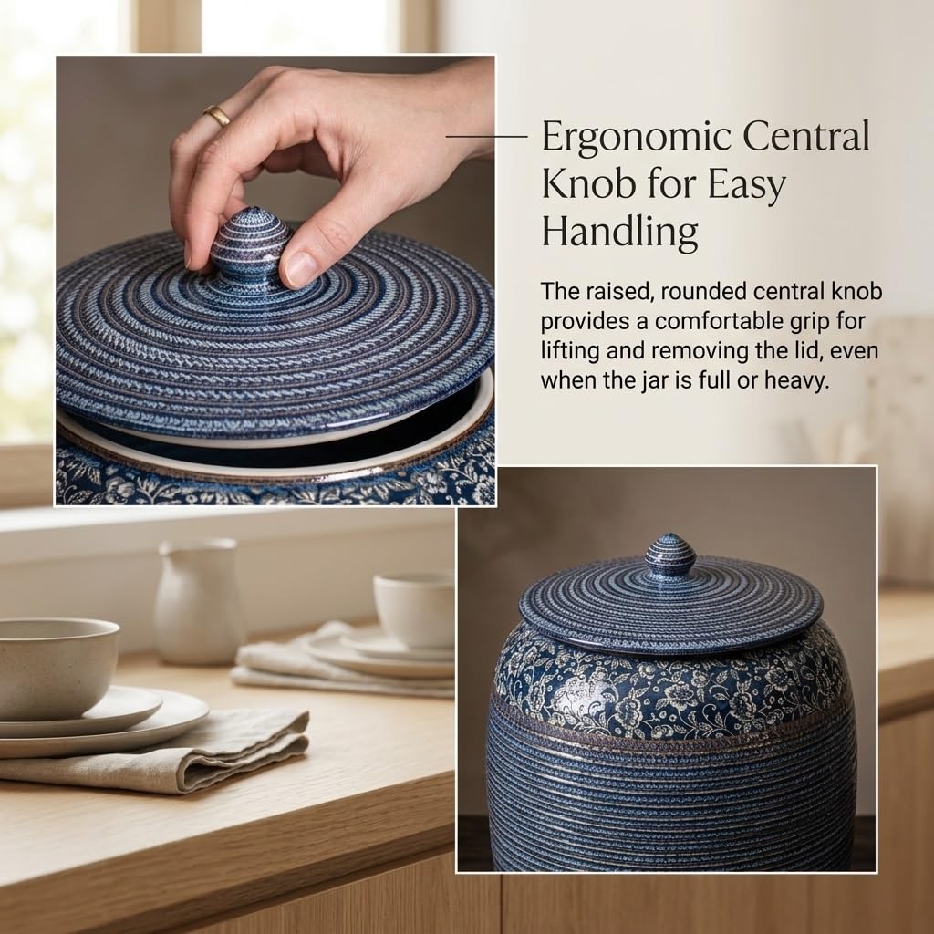 Elegante tarro de almacenamiento de cerámica para granos, bocados y café, dispensador sellado retro con abertura de boca ancha y tapa de agarre fácil, ideal para la organización de la cocina, tiene ha