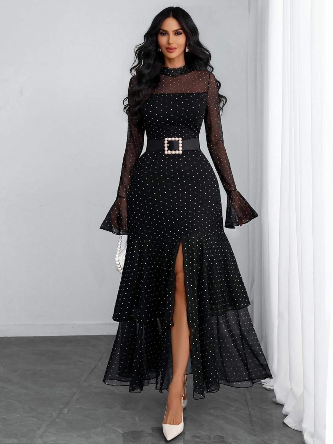 GothDark Womens Elegant Polka Dot Mesh Long Sleeve Dress Bell Sleeve Layered Ruffle Split Formal Wedding Guest Dresses - Image 3