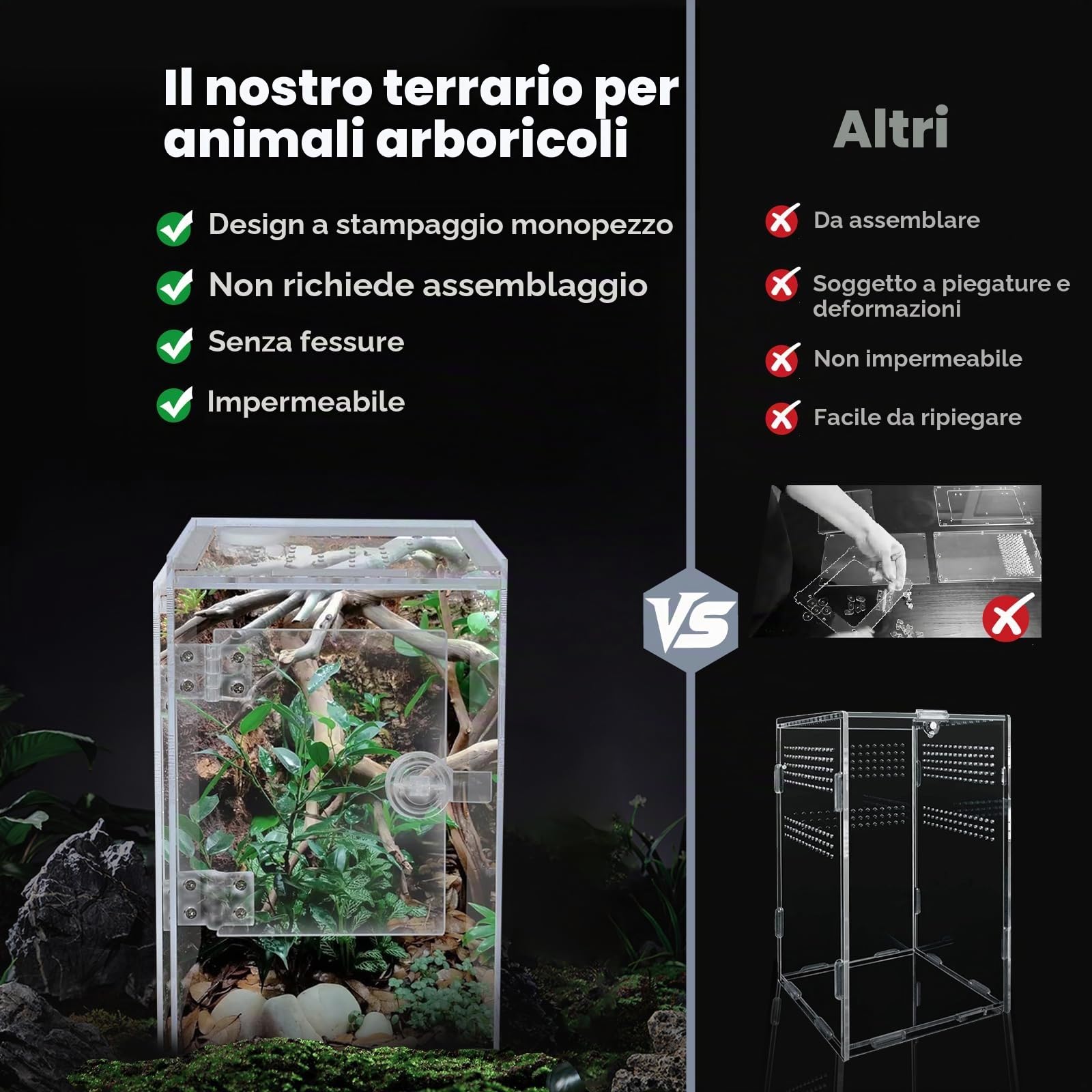 Terrario, 360° Terrarium Acrilico - Teca per Rettili Trasparente | 20x20x30CM,Terrario Rettili per ragni, lumache, mantidi, lucertole, raganelle, paguri, coleotteri