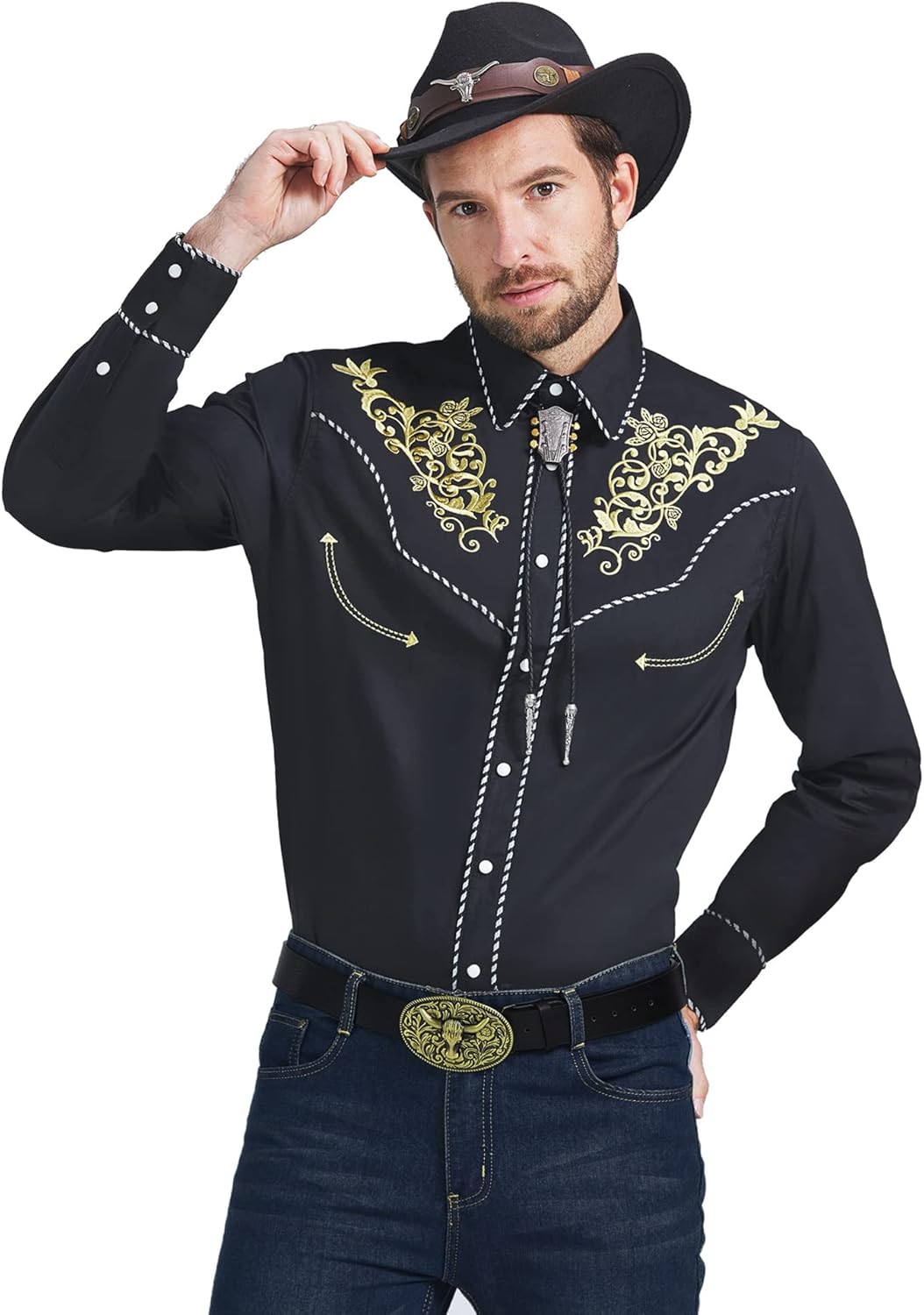 JoZorro Men's Long Sleeve Pearl Snap Shirt Rhinestone Cowboy Cut Western Embroidered Casual Button Down Shirt - Image 2
