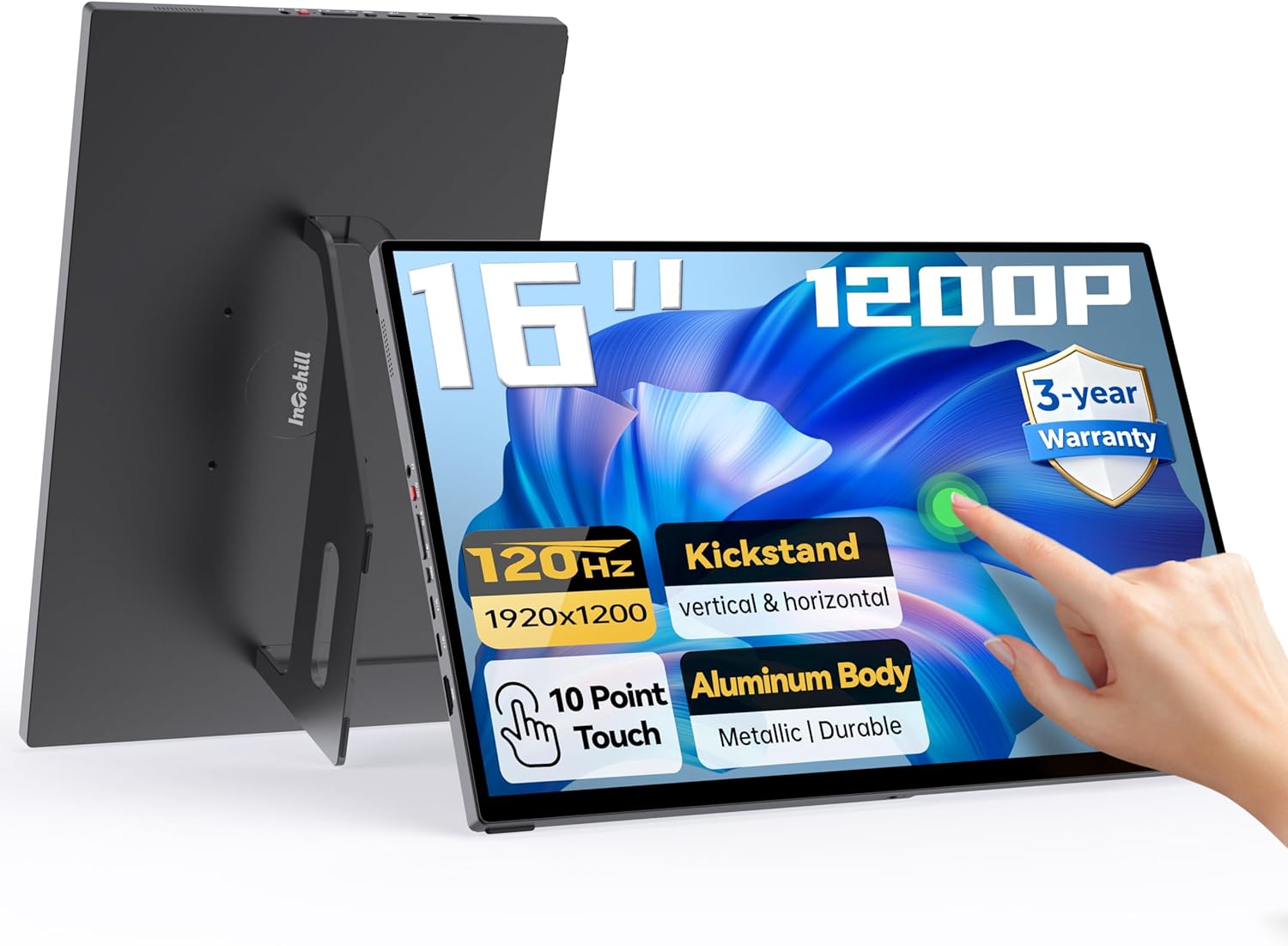 Intehill 16" 120Hz Touchscreen Portable Monitor, Portable Gaming Monitor w/Stand & Speakers, 16:10 Display with Full Laminated Tempered Glass, Touch Screen Travel Monitor for Laptop, T16PB (Black)
