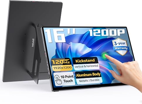 Intehill 16" 120Hz Touchscreen Portable Monitor, Portable Gaming Monitor w/Stand & Speakers, 1610 Display with Full Laminated Tempered Glass, Touch Screen Travel Monitor for Laptop, T16PB Black