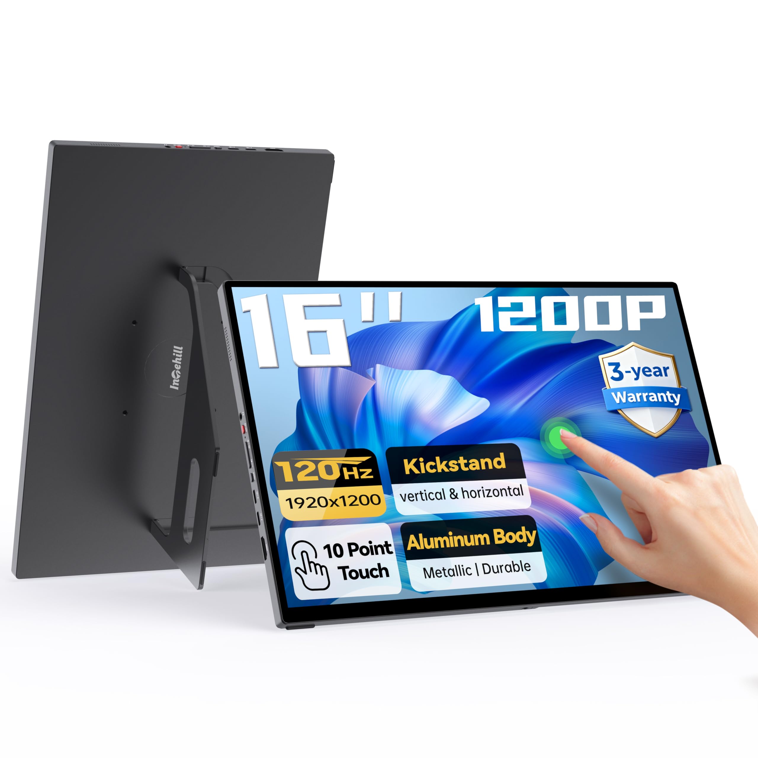 Photo 1 of Intehill 16" 120Hz Touchscreen Portable Monitor, Portable Gaming Monitor w/Stand & Speakers, 16:10 Display with Full Laminated Tempered Glass, Touch Screen Travel Monitor for Laptop, T16PB (Black)
