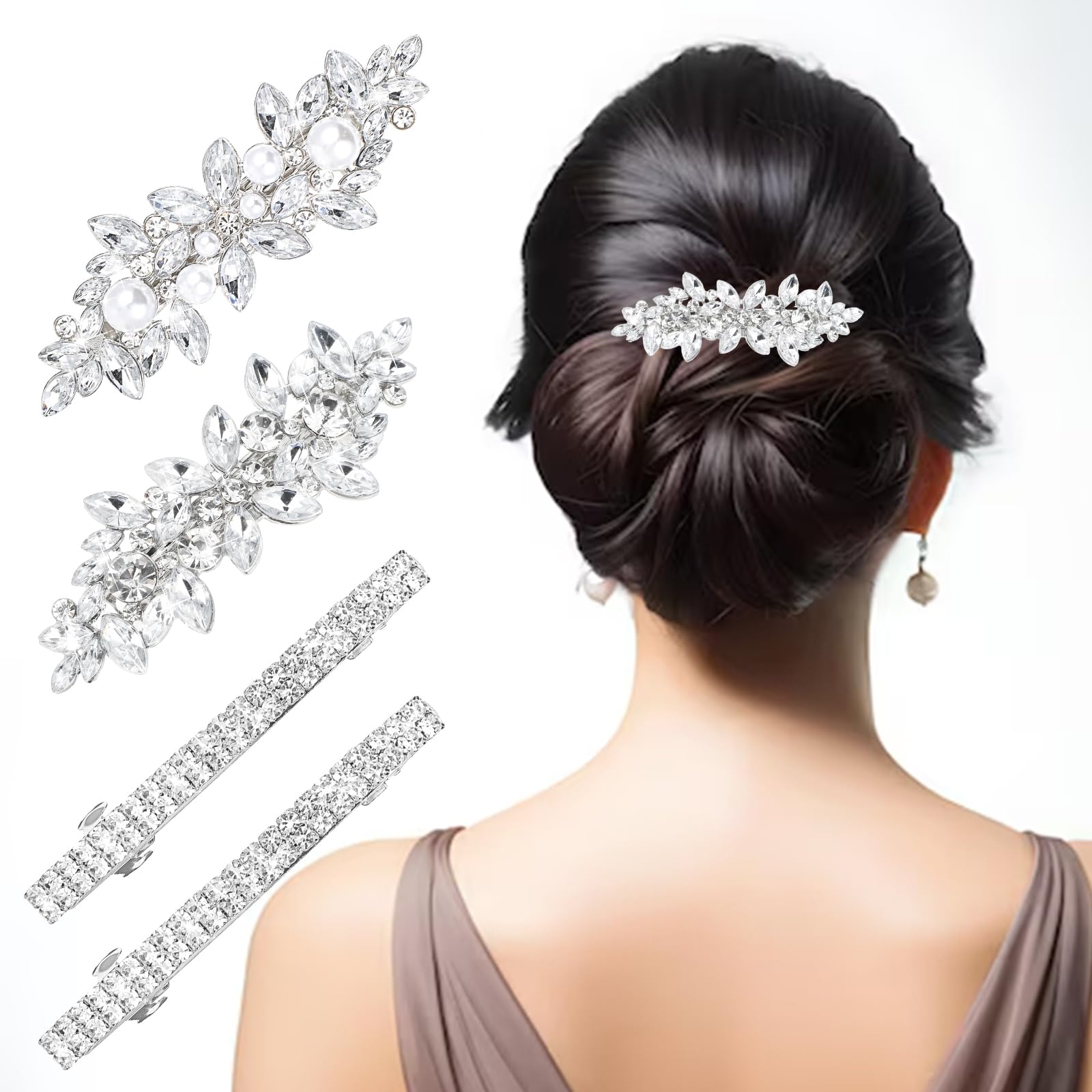 Tyqour 4 fermagli per capelli da donna con strass e perle color argento, eleganti forcine per capelli da sposa, accessori per capelli da sposa, damigella d'onore