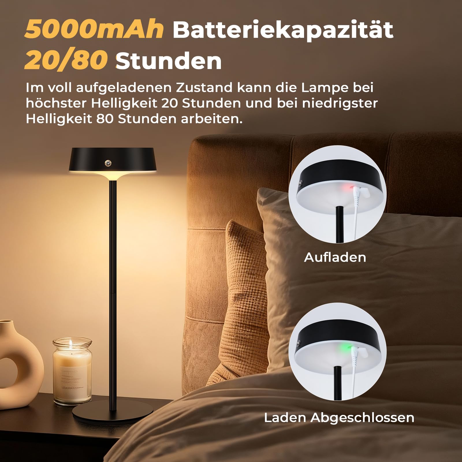 Lampada da tavolo a LED senza fili, 2 pezzi, dimmerabile da comodino, con batteria USB-C, lampada da tavolo Memory 2 altezze regolabili, 3 temperature di colore, IP65, impermeabile, per