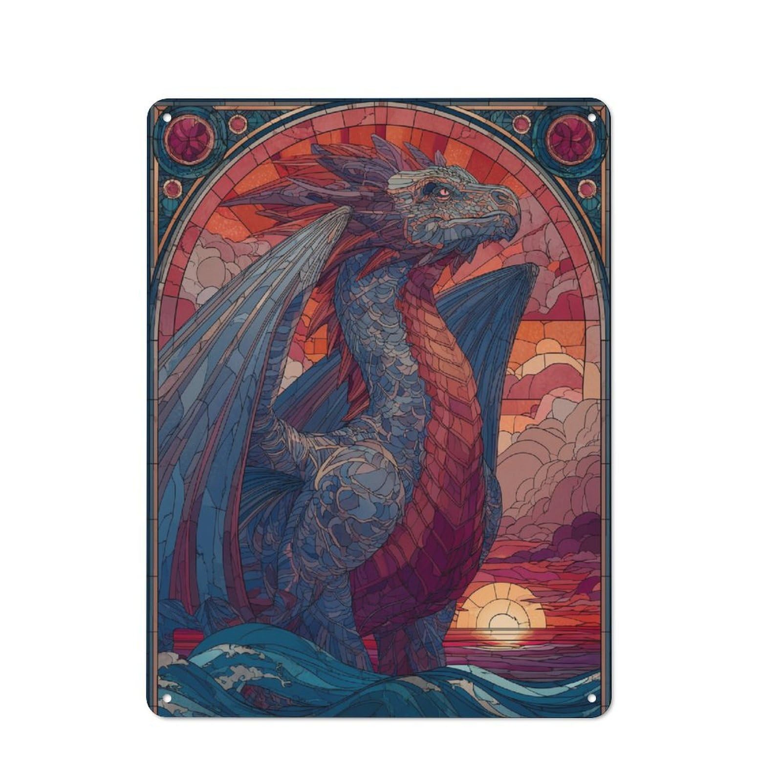 Junmoney Stained Glass Dragon Metal Wall Plaque 40X30cm, Classic Retro Room Decor For Bedroom, Office, Home Bar Or Dining Room