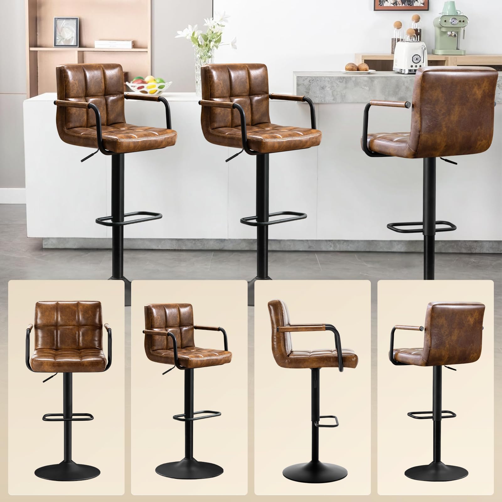 Barhocker 2er Set, Barstuhl höhenverstellbar aus PU-Leder, 360°Drehstuhl Küchenstuhl mit Armlehnen, Rückenlehne und Fußstütze für Küche, Wohnzimmer, Esszimmer, Gelbbraun