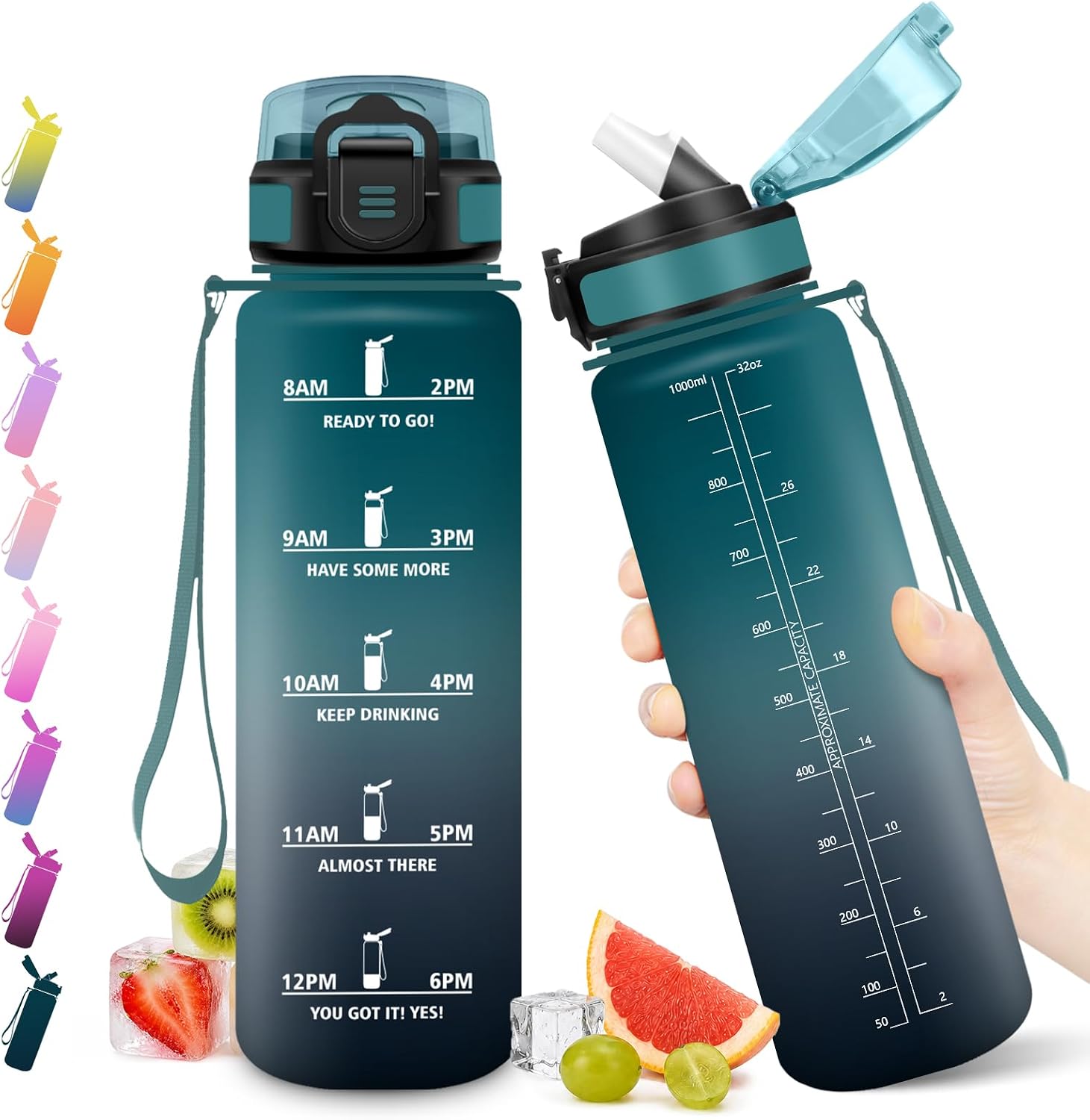 Bouteille 1L, Gourde avec Paille, Bouteille d'eau Marqueur de Temps, Étanche & Réutilisable, pour Bureau, Randonnée, Fitness