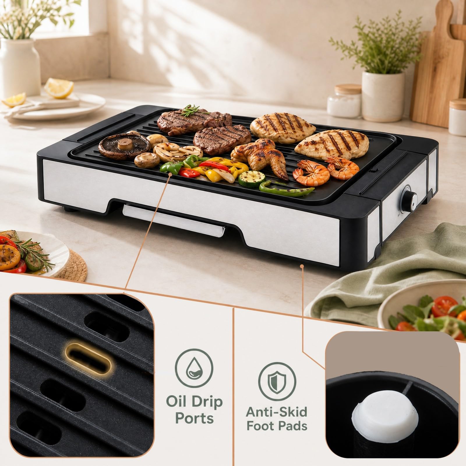 LIFEZEAL Griglia Elettrica 2300W, 2 Superfici di Cottura | Piastra Grill da Tavolo con Rivestimento Antiaderente, Pinza e Vassoio Raccogli-grasso Rimovibile, per Picnic e BBQ